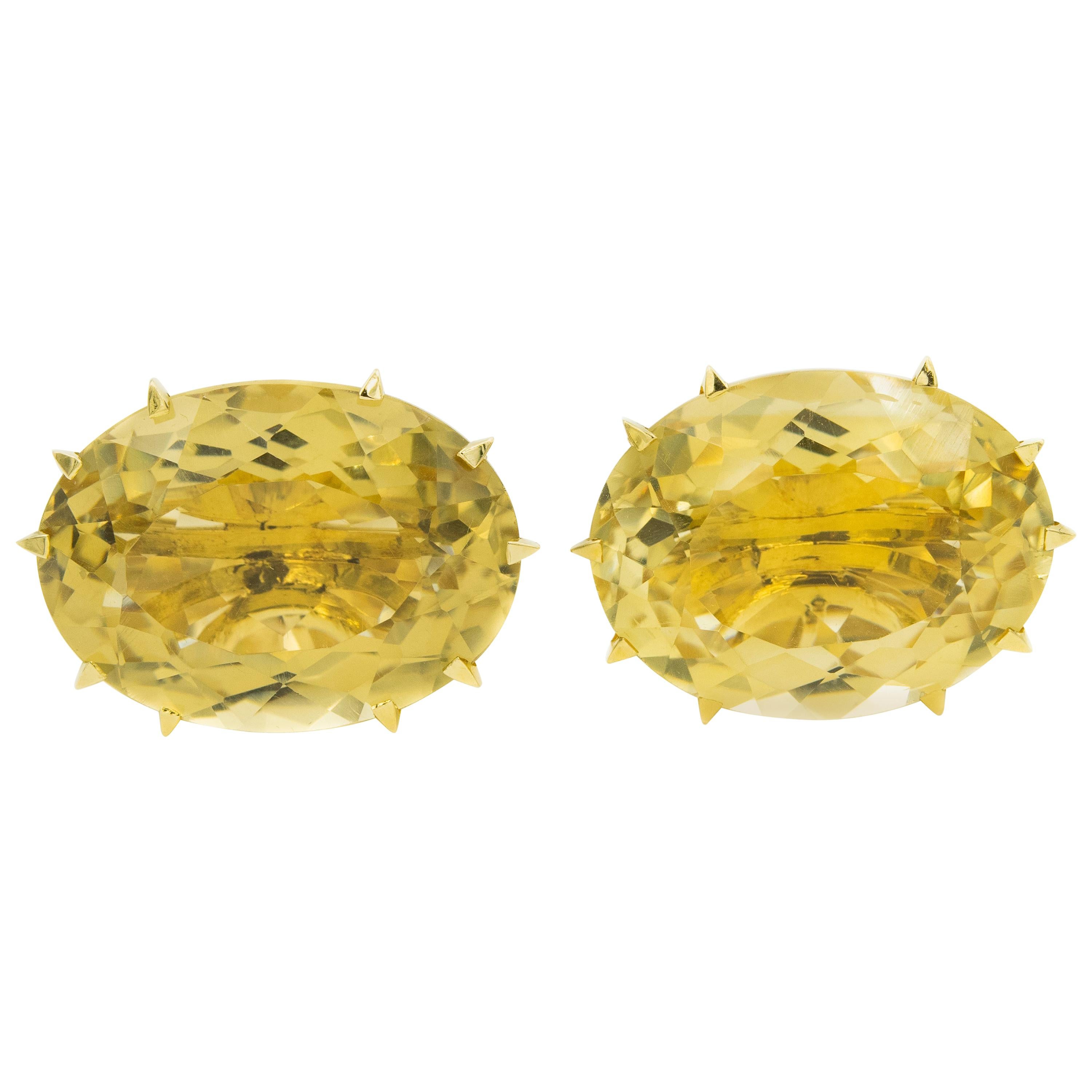 Large Faceted Oval Citrine Yellow Gold Cufflinks