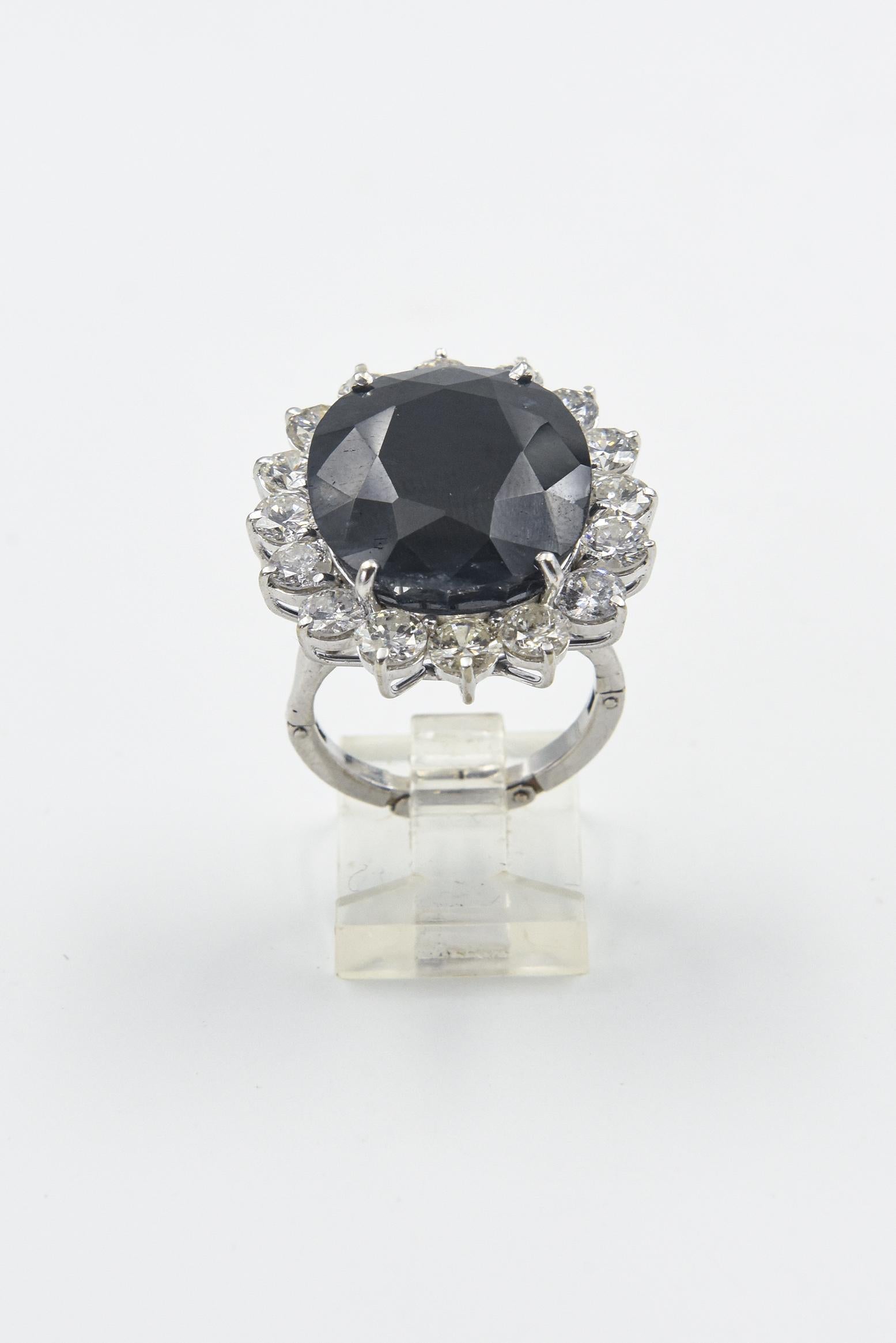 Round Cut Large Faceted Oval Sapphire and Diamond Cocktail Ring For Sale
