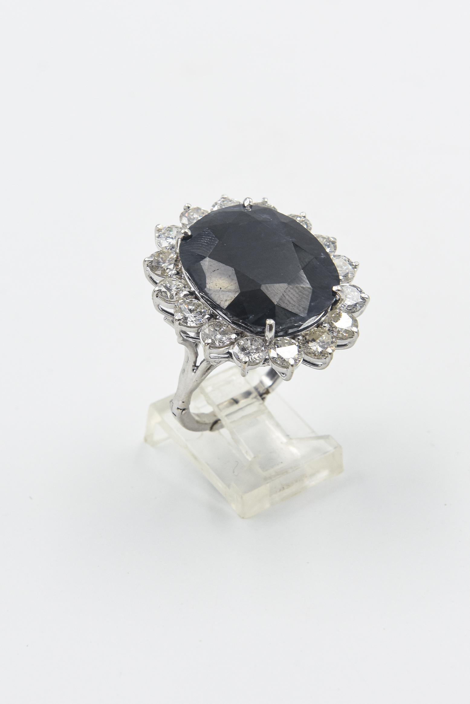 Large Faceted Oval Sapphire and Diamond Cocktail Ring In Good Condition For Sale In Miami Beach, FL