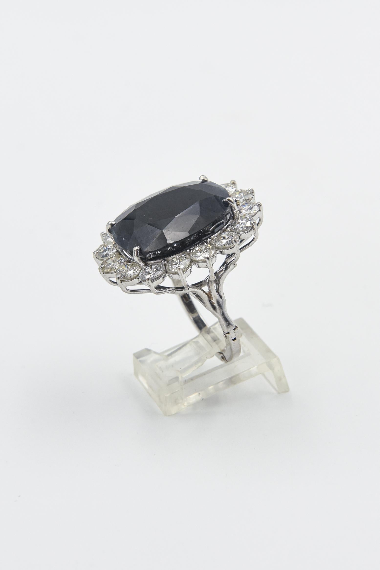 Women's Large Faceted Oval Sapphire and Diamond Cocktail Ring For Sale