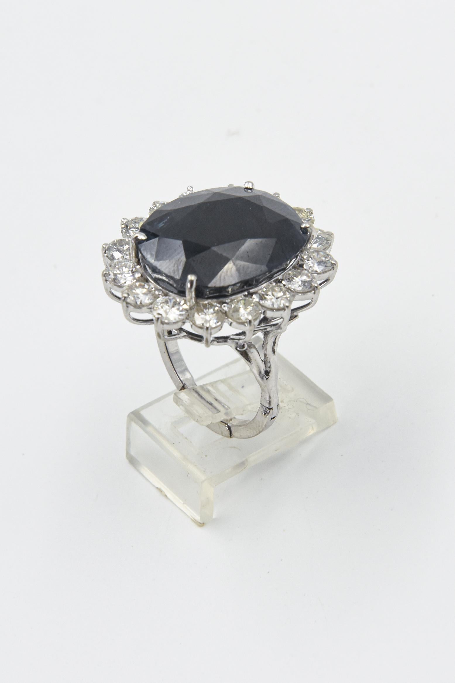 Large Faceted Oval Sapphire and Diamond Cocktail Ring For Sale 1