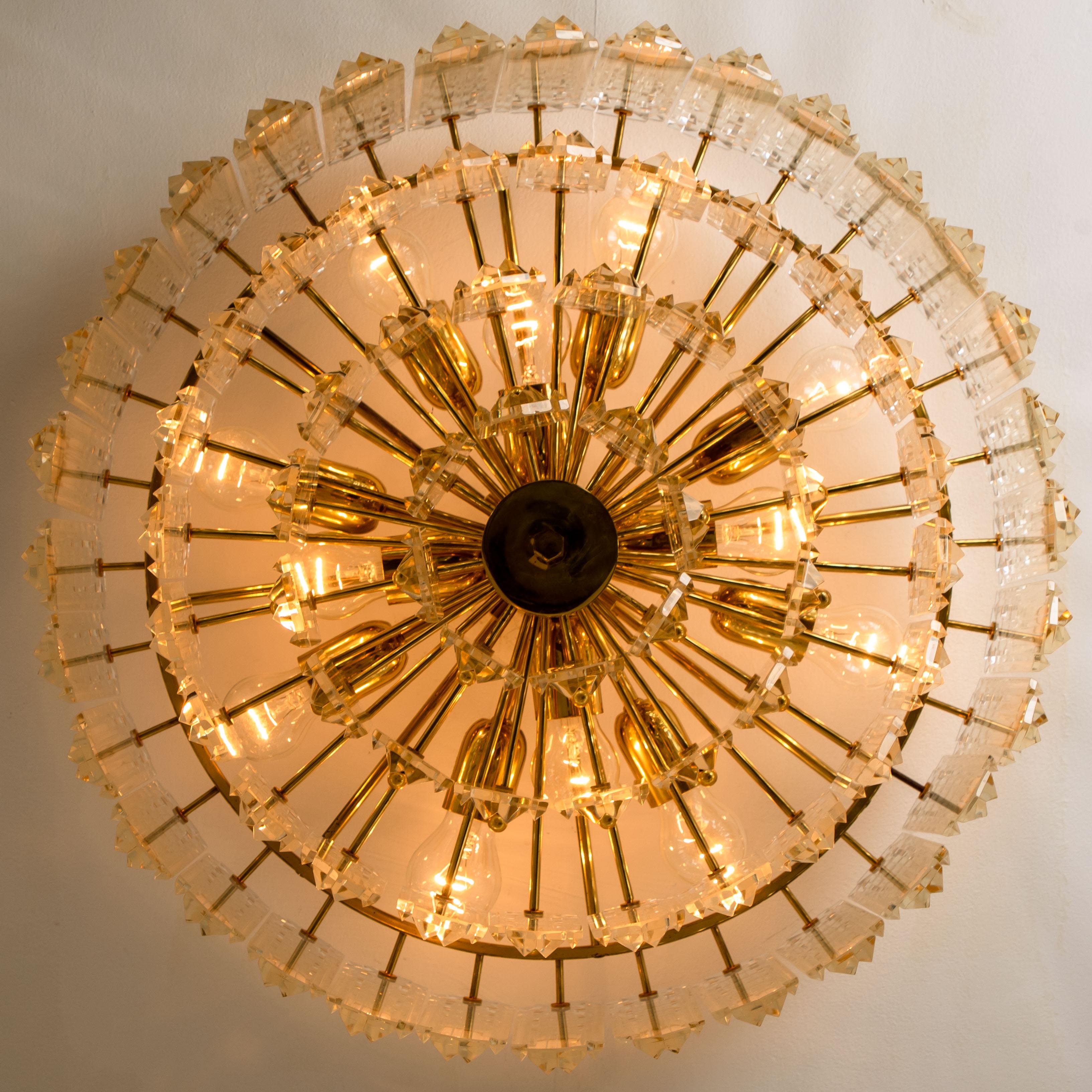 Mid-Century Modern Large Faceted Prims and Gild Brass Flush Mount by J.T. Kalmar, 1970s For Sale
