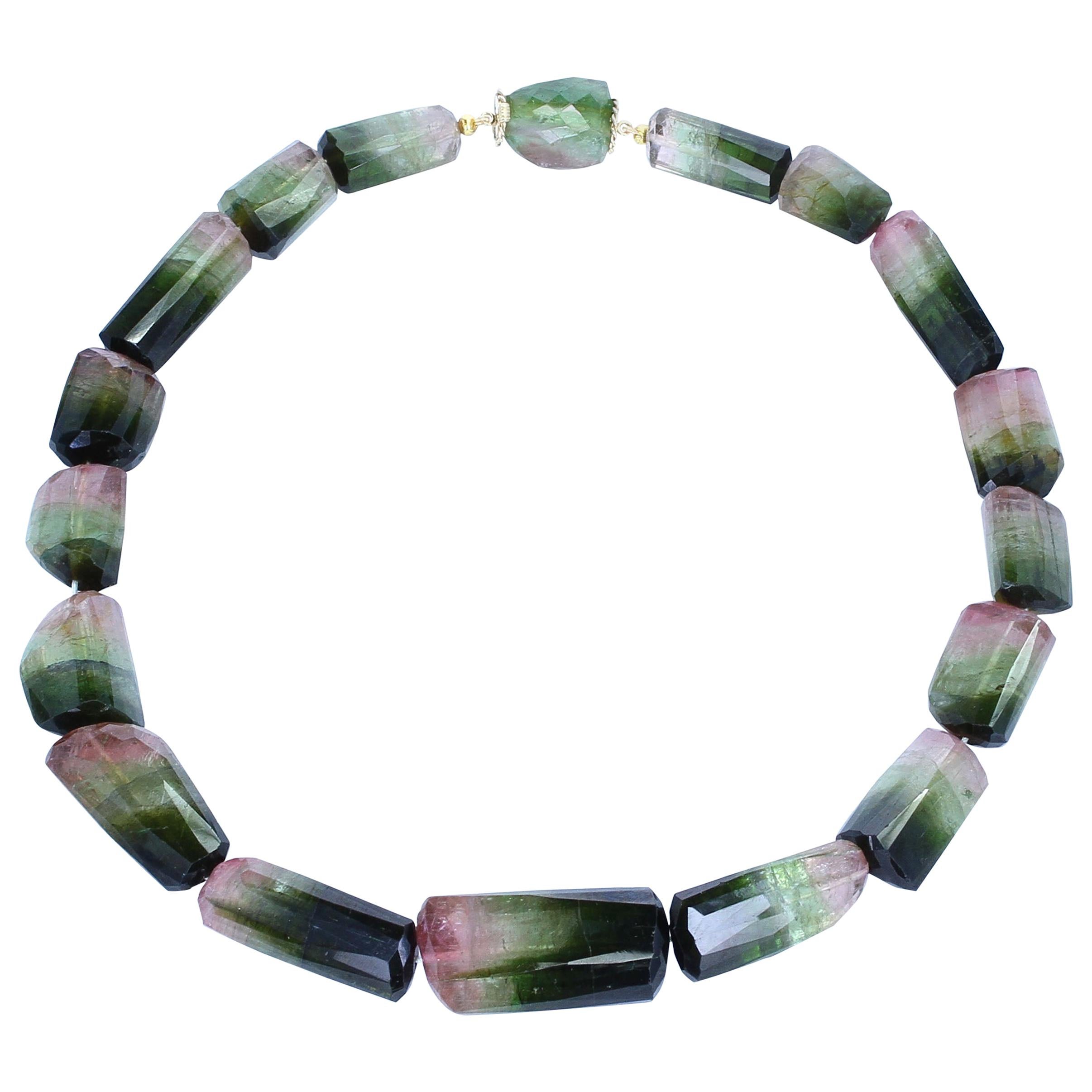 Large Faceted Rectangular Bi-Color Tourmaline Beads with a Tourmaline Clasp For Sale