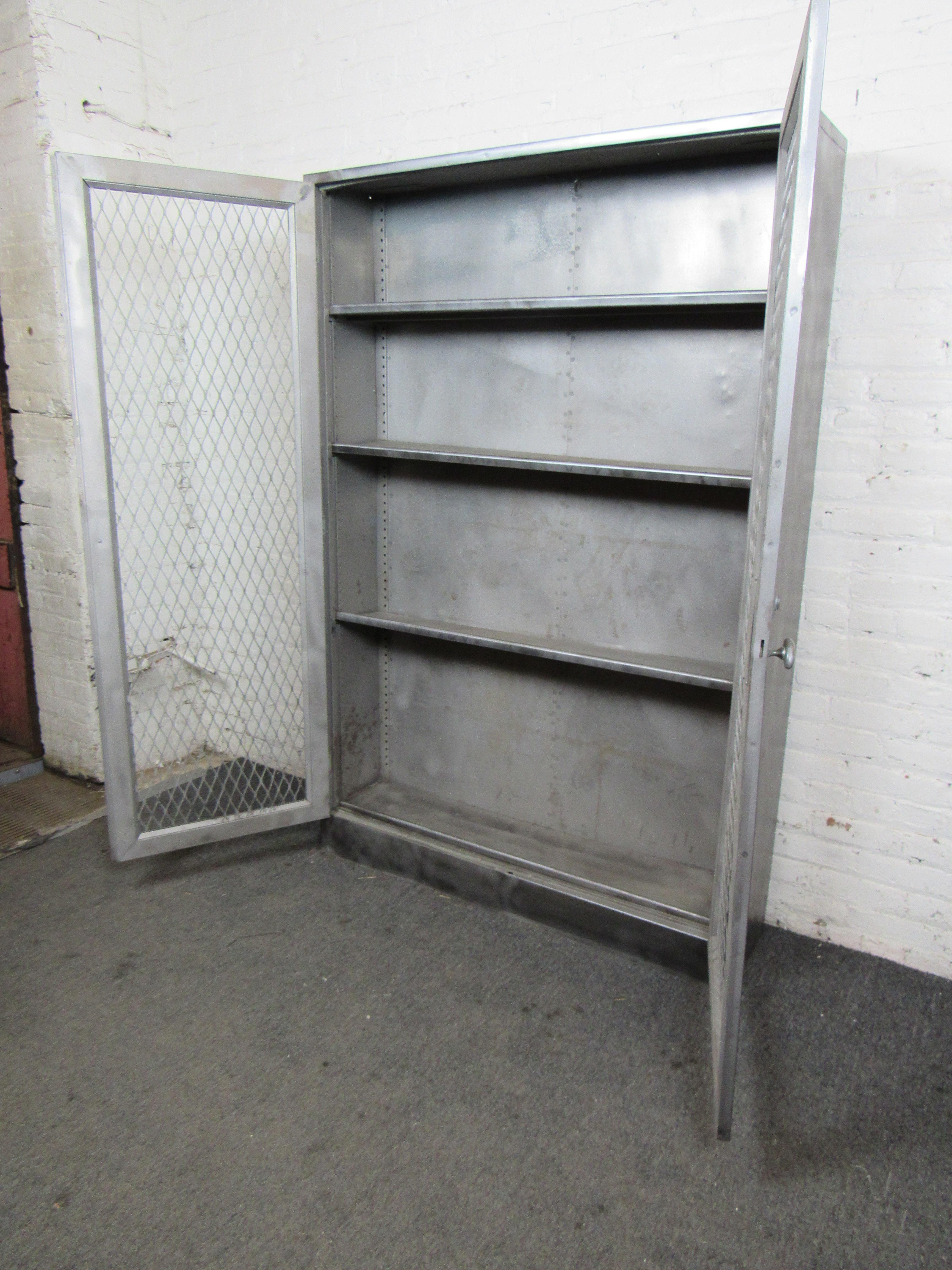 Large factory cabinet restored in a bare metal style finish. Unique mesh front doors and adjustable shelves. Repurposed locker great for home or office use.
Please confirm location NY or NJ.
