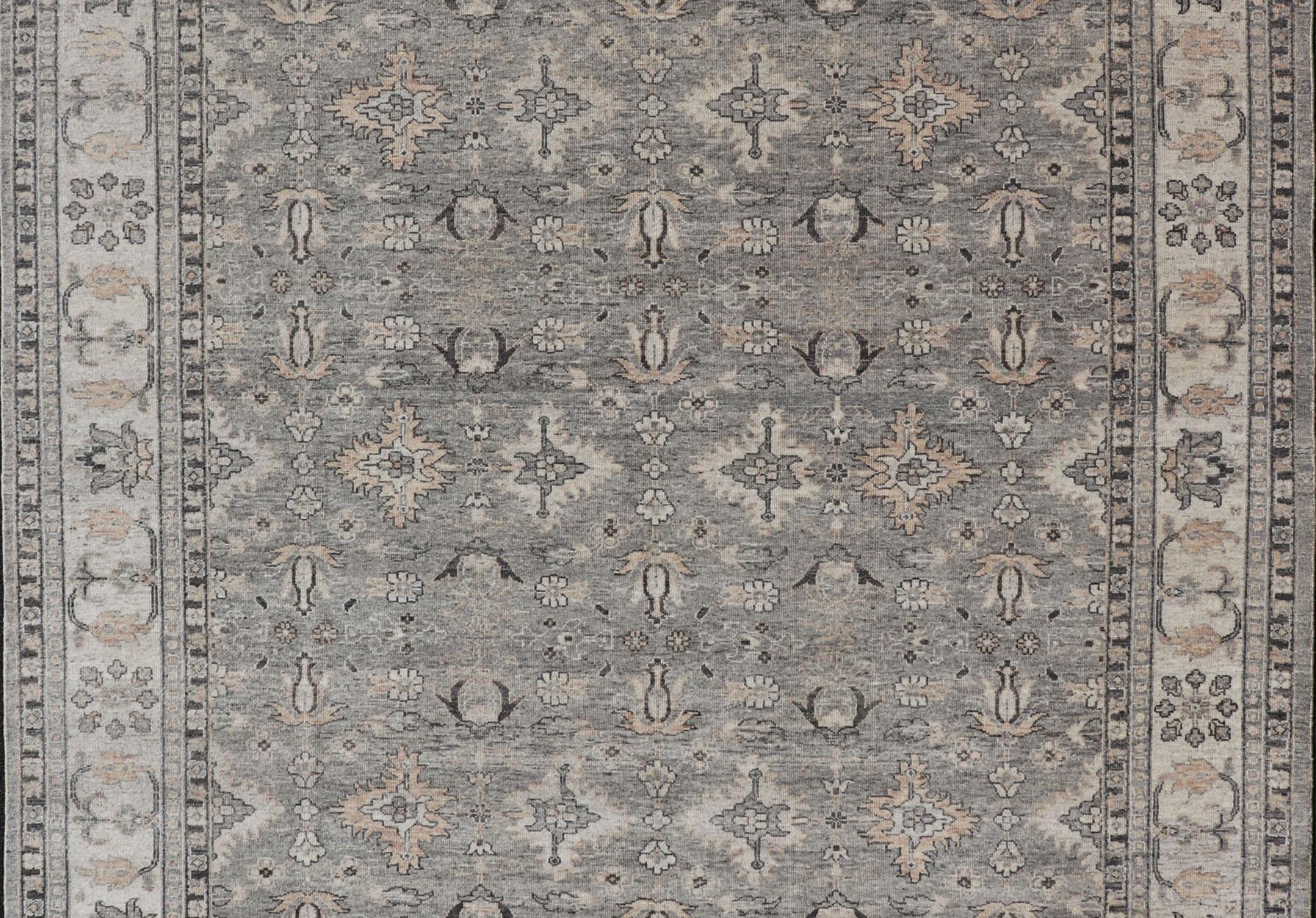 Großer verblasster indischer Oushak-Teppich aus Wolle in Grau, Holzkohle und Light Taupe 9'0 x 12'3 im Angebot 4