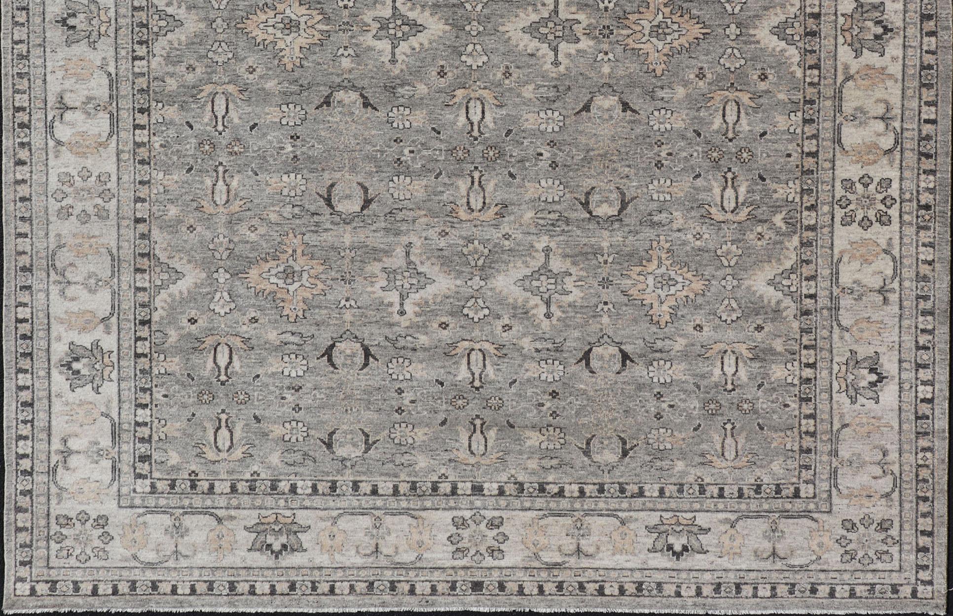Großer verblasster indischer Oushak-Teppich aus Wolle in Grau, Holzkohle und Light Taupe 9'0 x 12'3 im Angebot 5