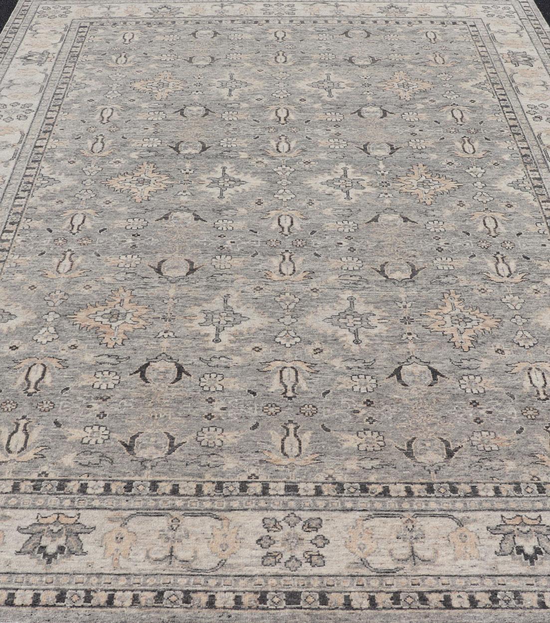 Großer verblasster indischer Oushak-Teppich aus Wolle in Grau, Holzkohle und Light Taupe 9'0 x 12'3 im Angebot 8