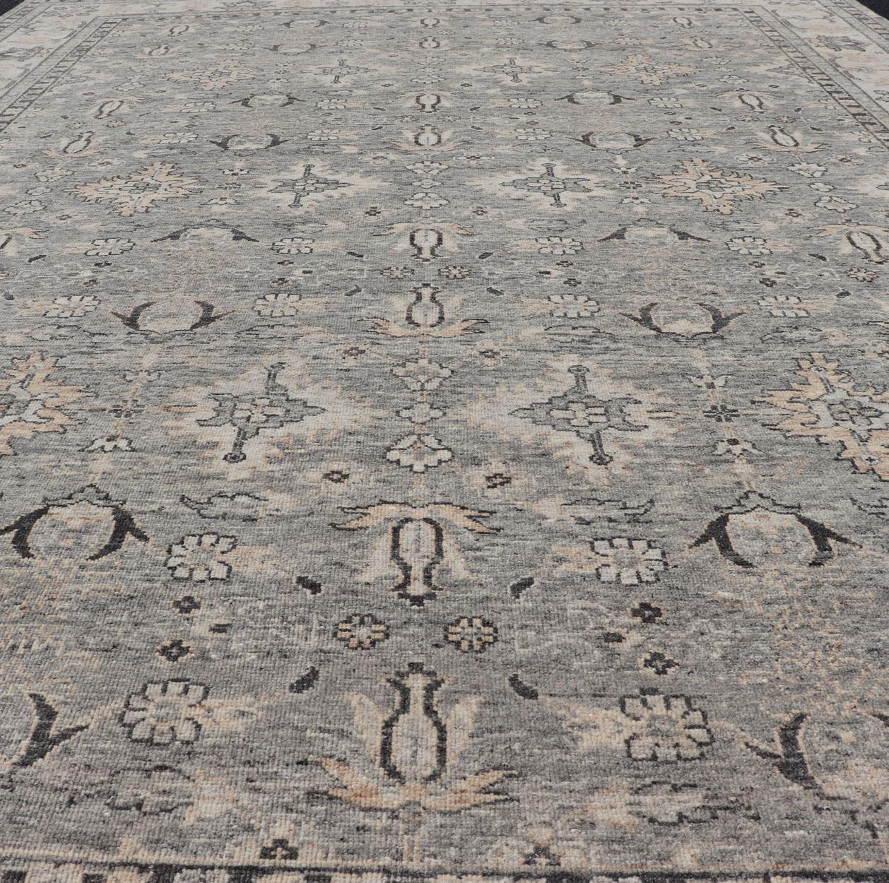 Großer verblasster indischer Oushak-Teppich aus Wolle in Grau, Holzkohle und Light Taupe 9'0 x 12'3 im Angebot 9