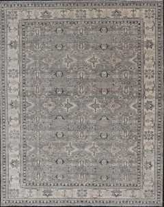 Grand tapis indien Oushak en laine délavée gris, anthracite et taupe clair 9'0 x 12'3