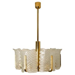 Large Fagerlund Glass Leaves Brass Chandelier by Orrefors, 1960s