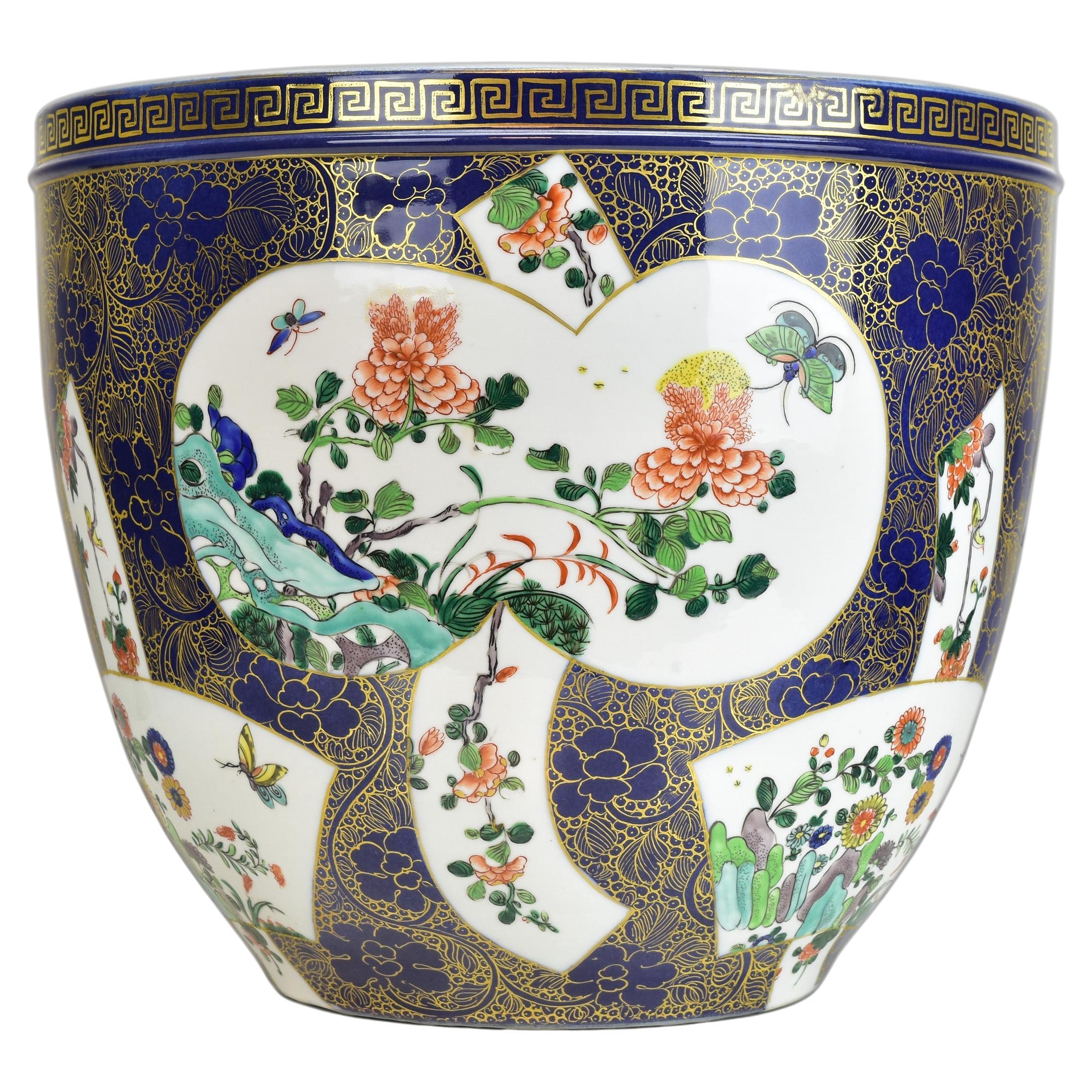 Large Famille Rose Cachepot Planter Chinese Export Porcelain Cobalt Blue / Gilt For Sale