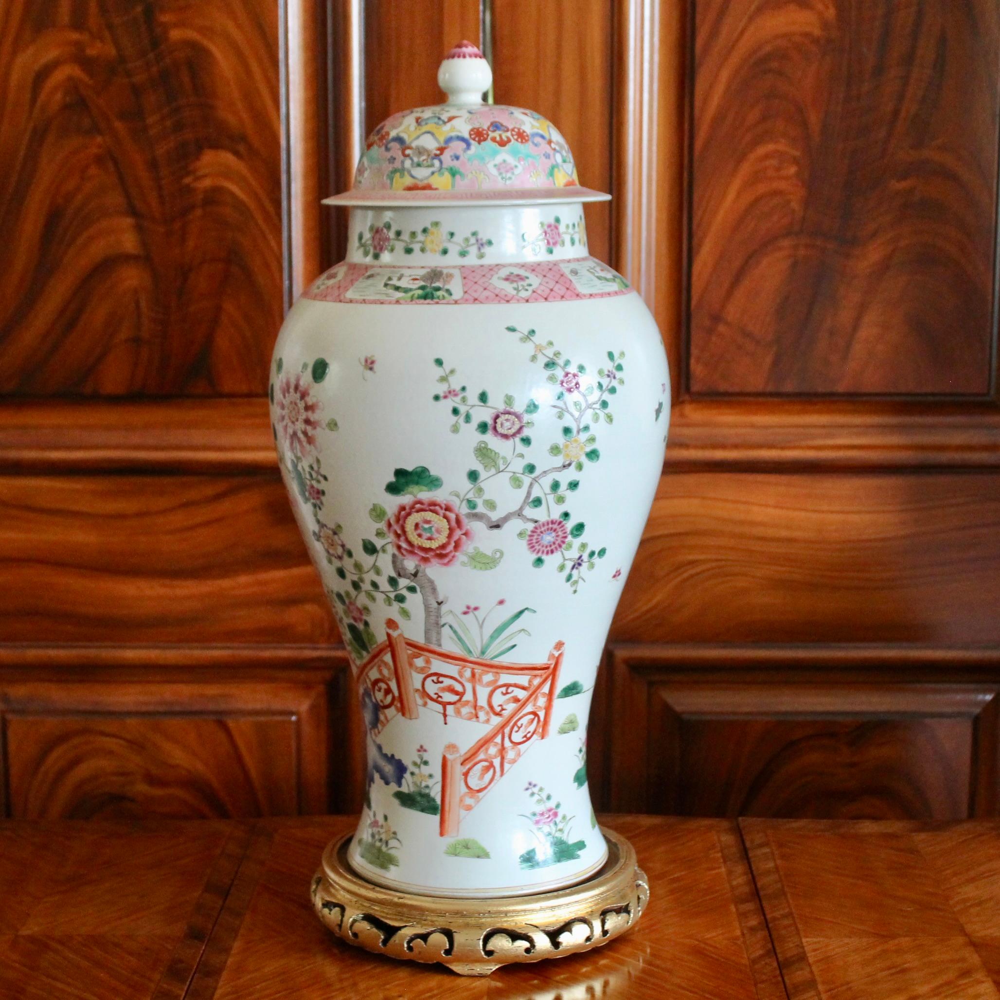 Large Famille Rose Chinese Covered Porcelain Ginger Jar With Garden Decoration For Sale 6
