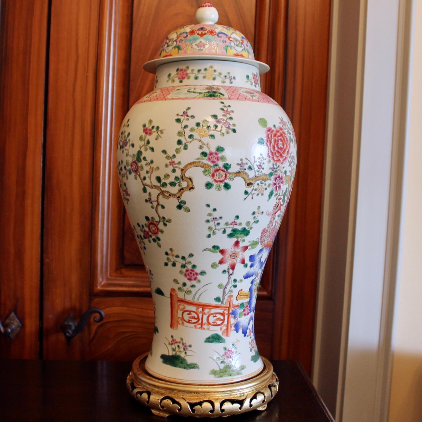 Large Famille Rose Chinese Covered Porcelain Ginger Jar With Garden Decoration For Sale 7
