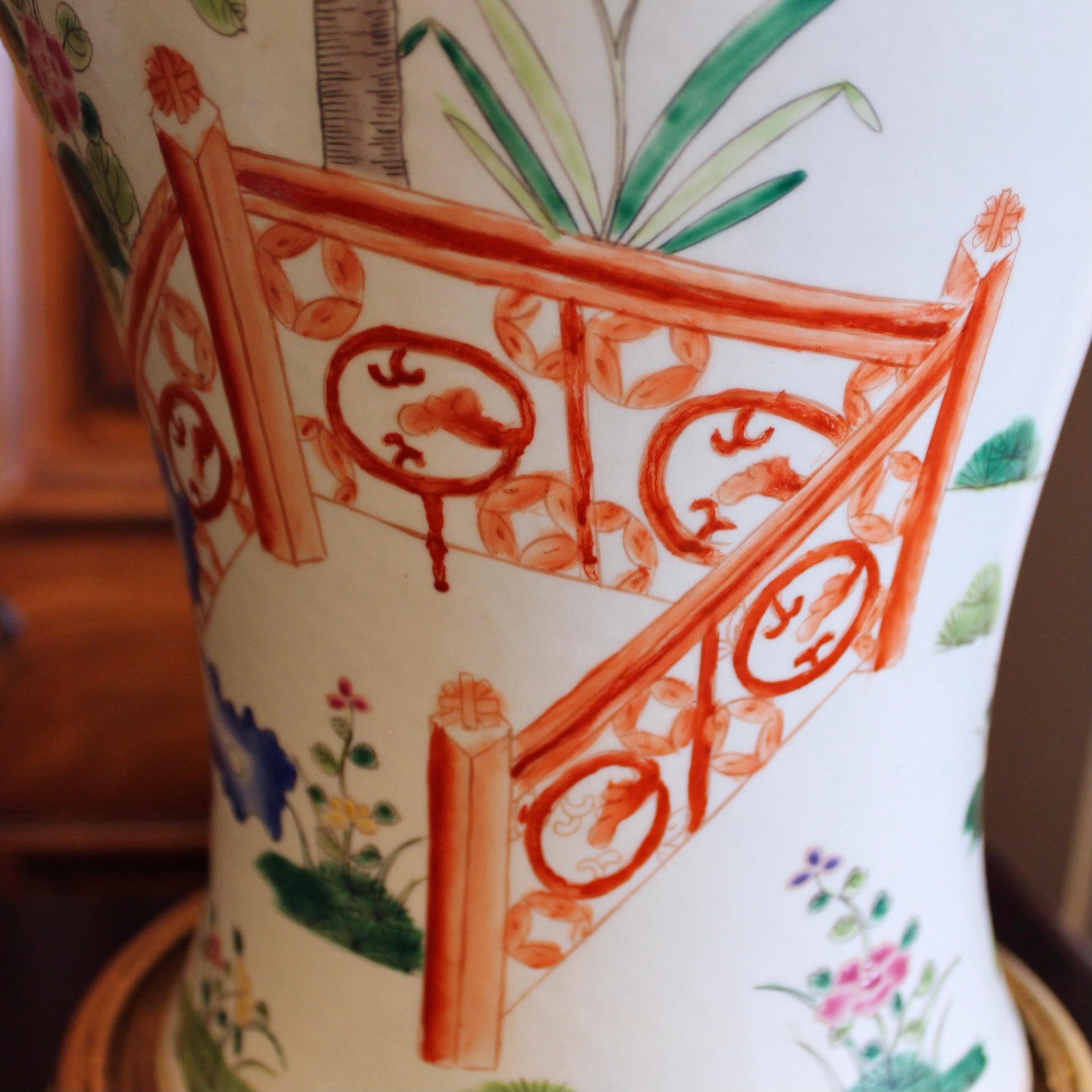 Large Famille Rose Chinese Covered Porcelain Ginger Jar With Garden Decoration For Sale 10