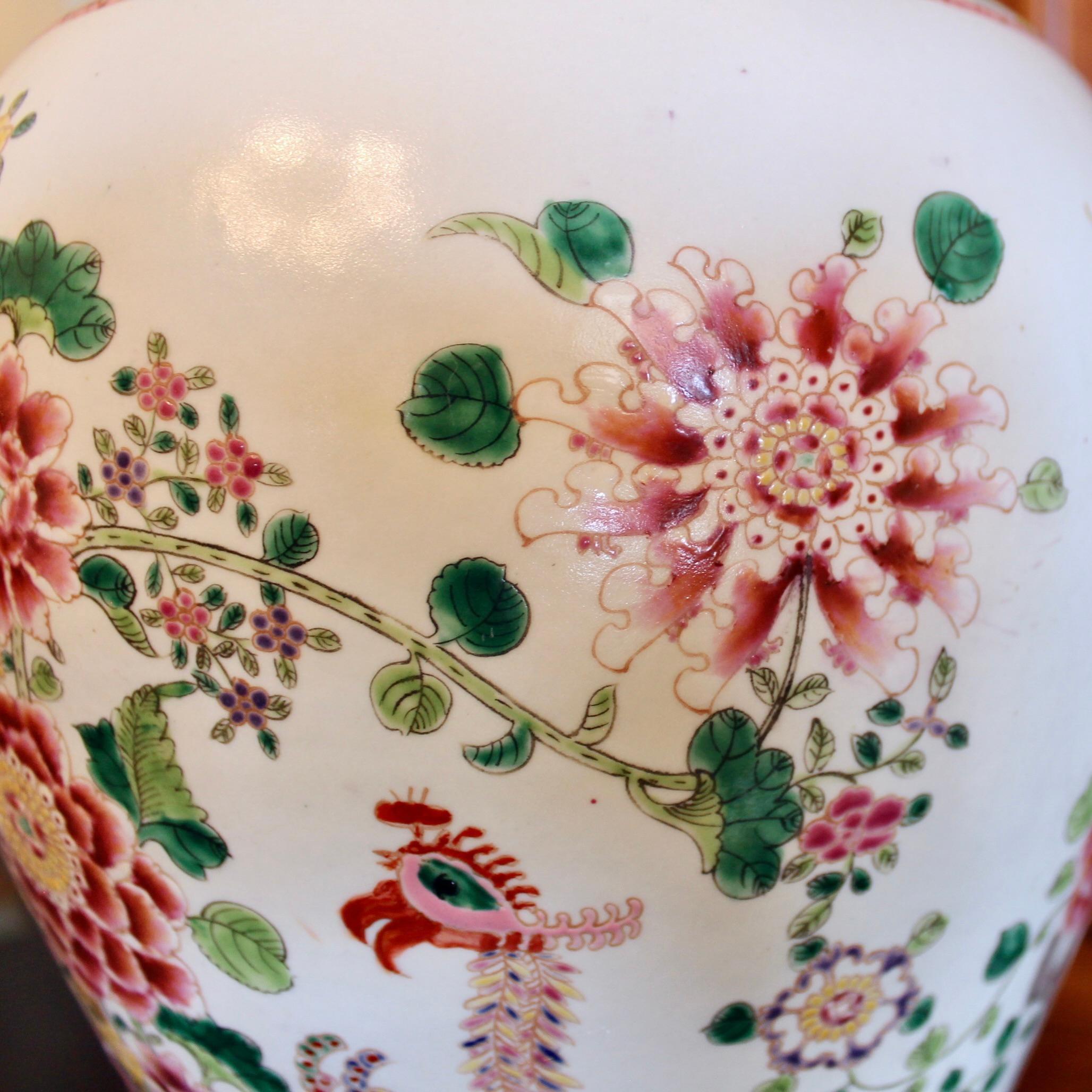 Glazed Large Famille Rose Chinese Covered Porcelain Ginger Jar With Garden Decoration For Sale