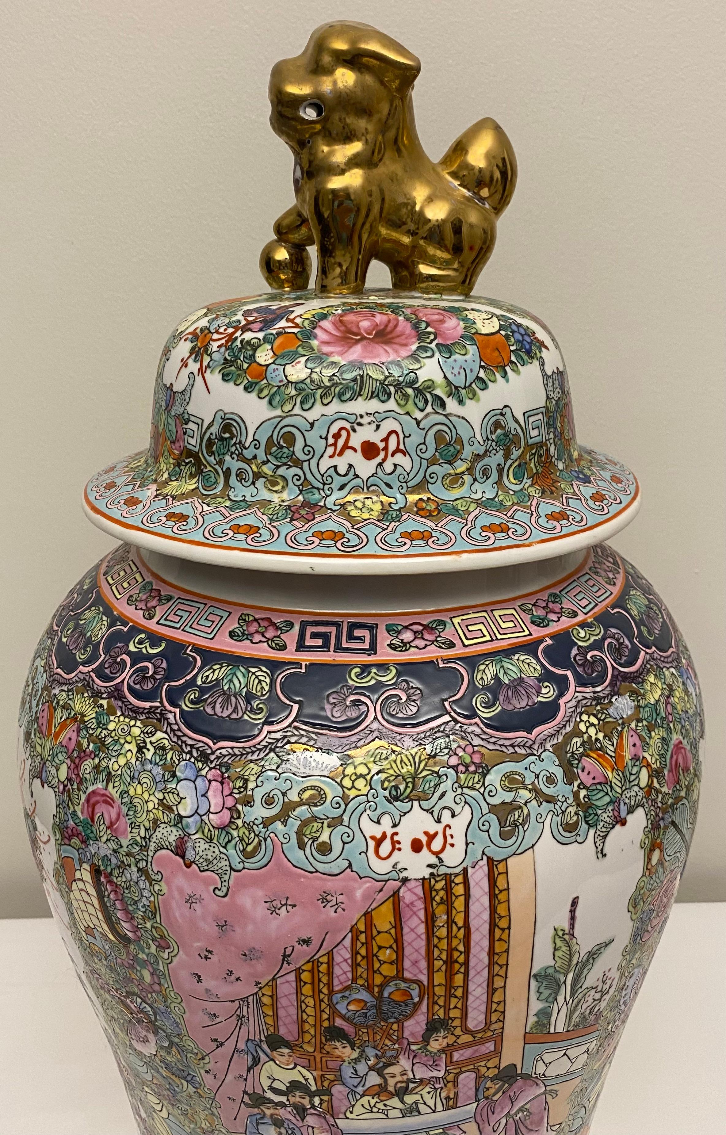 20th Century Large Famille Rose Chinese Temple Jar with Lid For Sale