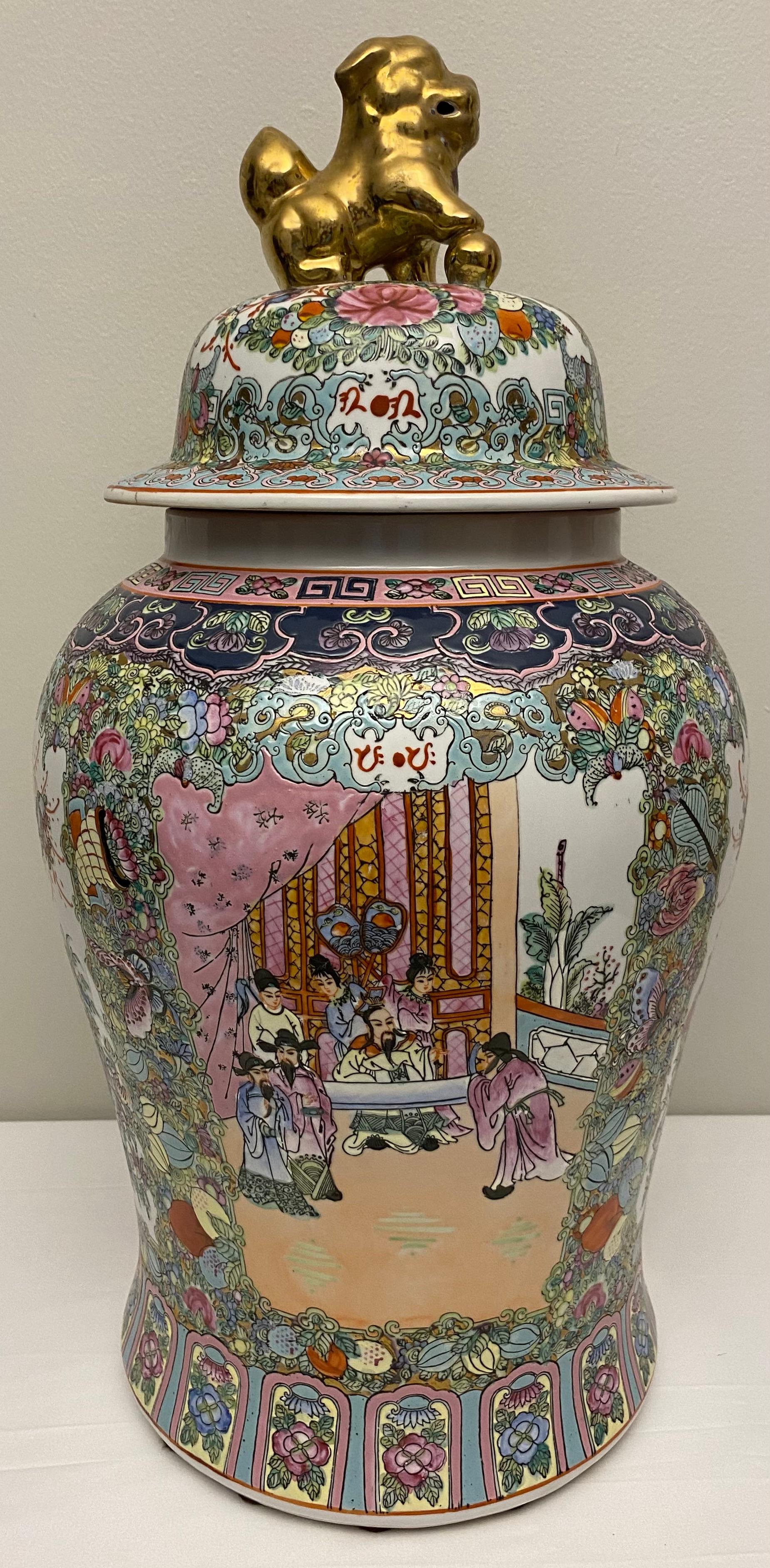 Large Famille Rose Chinese Temple Jar with Lid For Sale 2