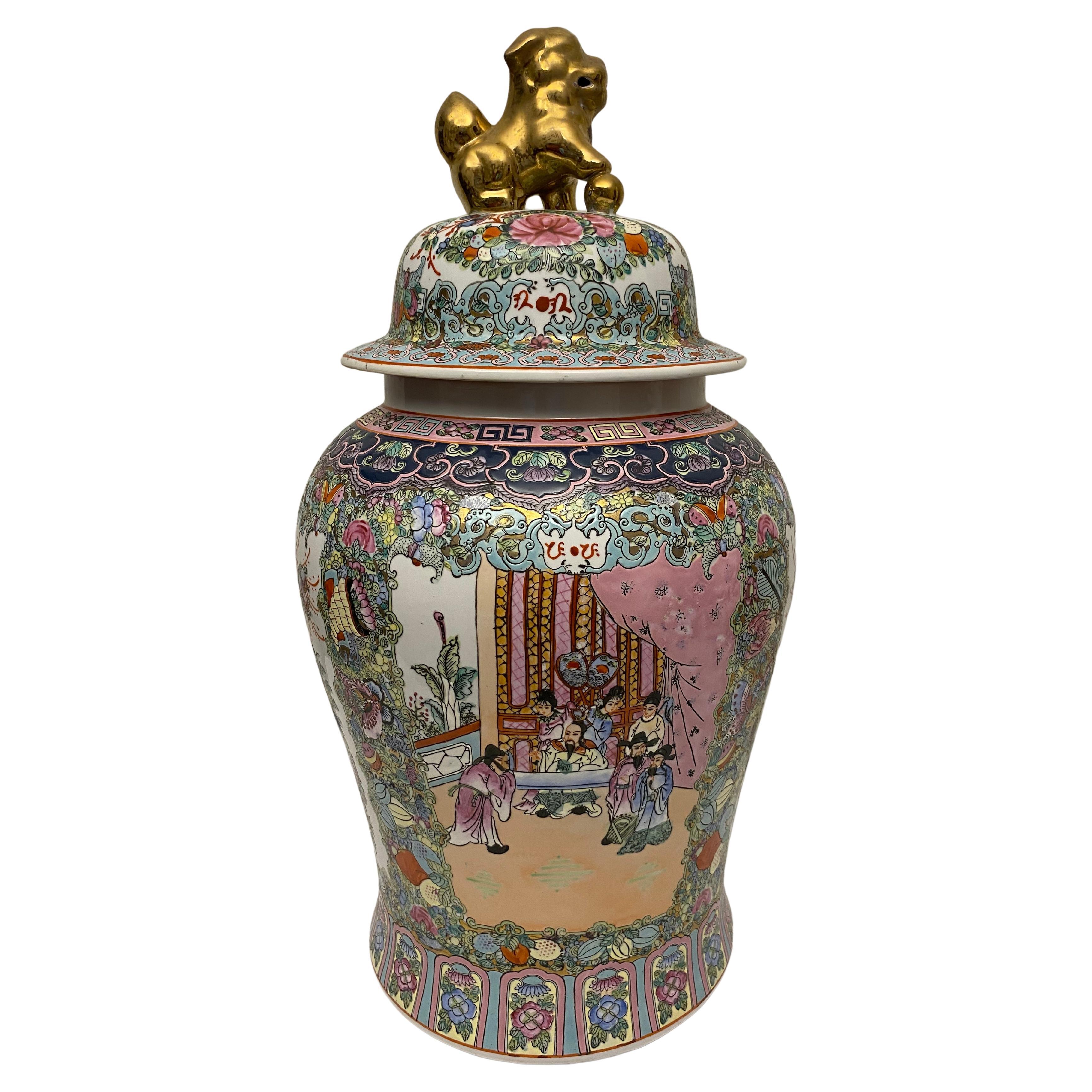 Large Famille Rose Chinese Temple Jar with Lid For Sale