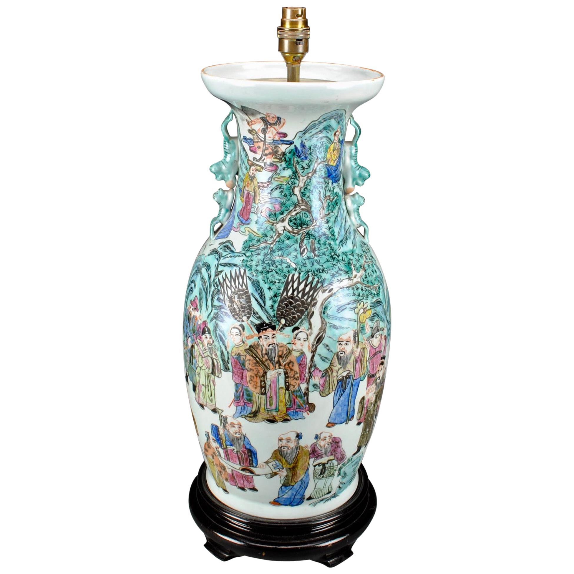 Large Famille Verte Chinese Antique Table Lamp For Sale