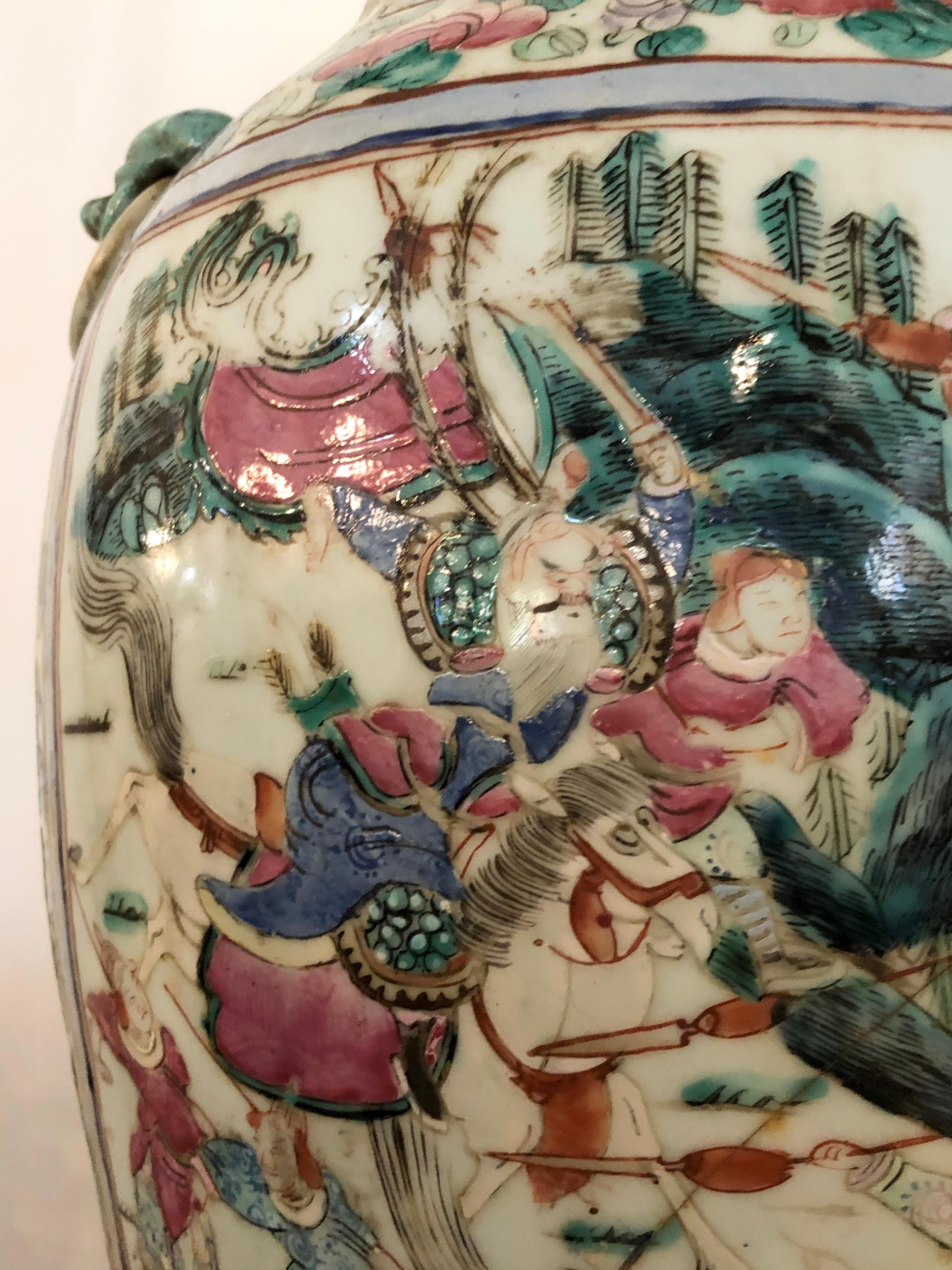 Mid-20th Century Large Famille Verte Vase Lidded Chinese Thousand Face Ginger Jar Porcelain
