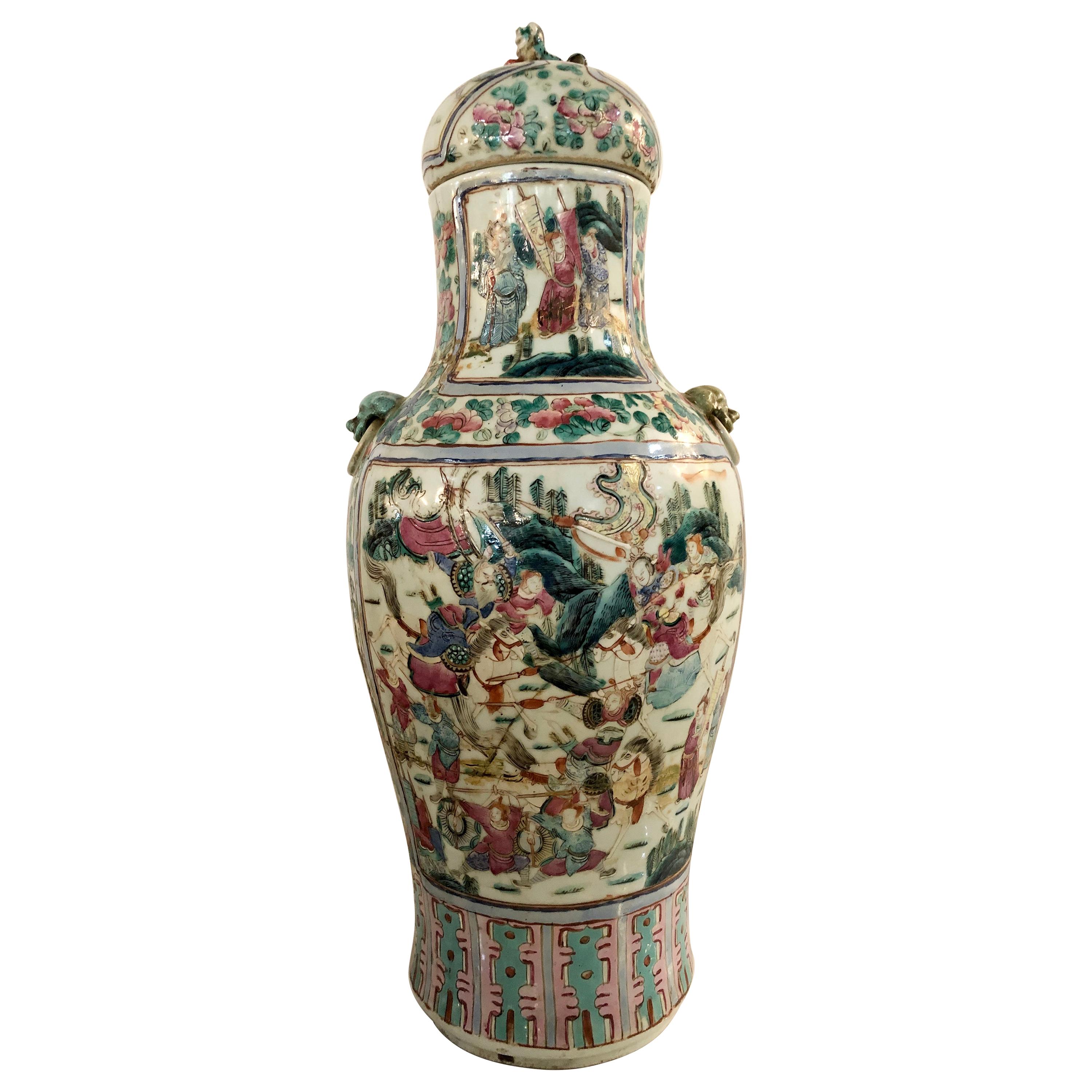 Large Famille Verte Vase Lidded Chinese Thousand Face Ginger Jar Porcelain