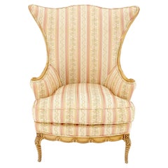 Fauteuil de cheminée à dossier en éventail et pieds en corde sculptés, tapisserie en soie MINT !