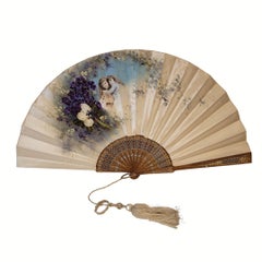 Large fan or Romantic Pericon in painted silk and gold and silver wood
