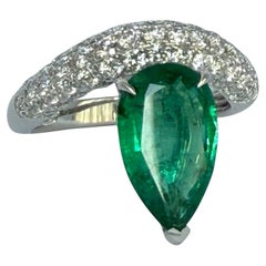 Large Fancy 3.5 Pear shaped emerald solitaire and brilliant cut dia Chubby wave