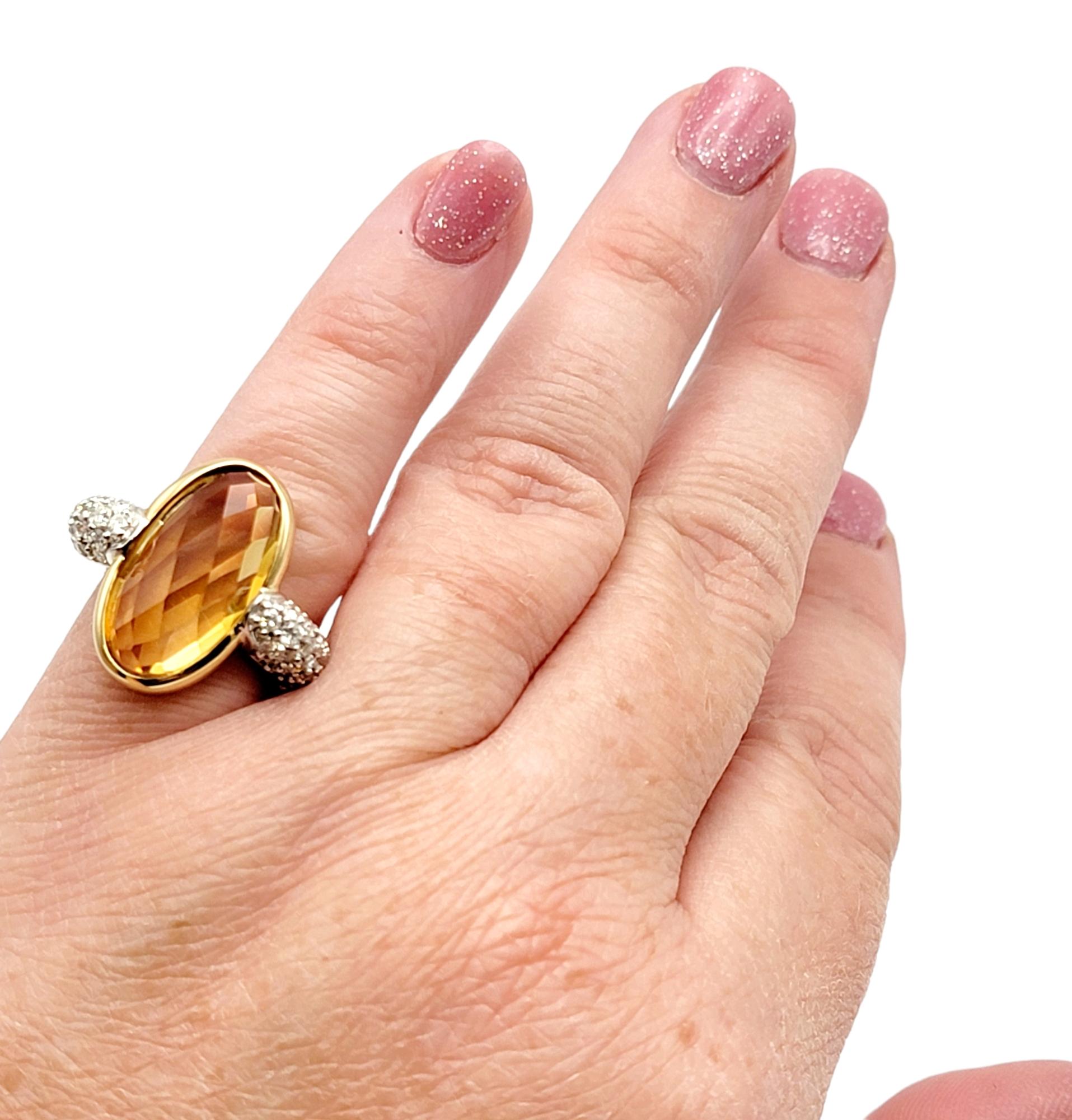 Large Fancy Cut Oval Citrine and Pave Diamond Ring in 18 Karat Yellow Gold For Sale 4