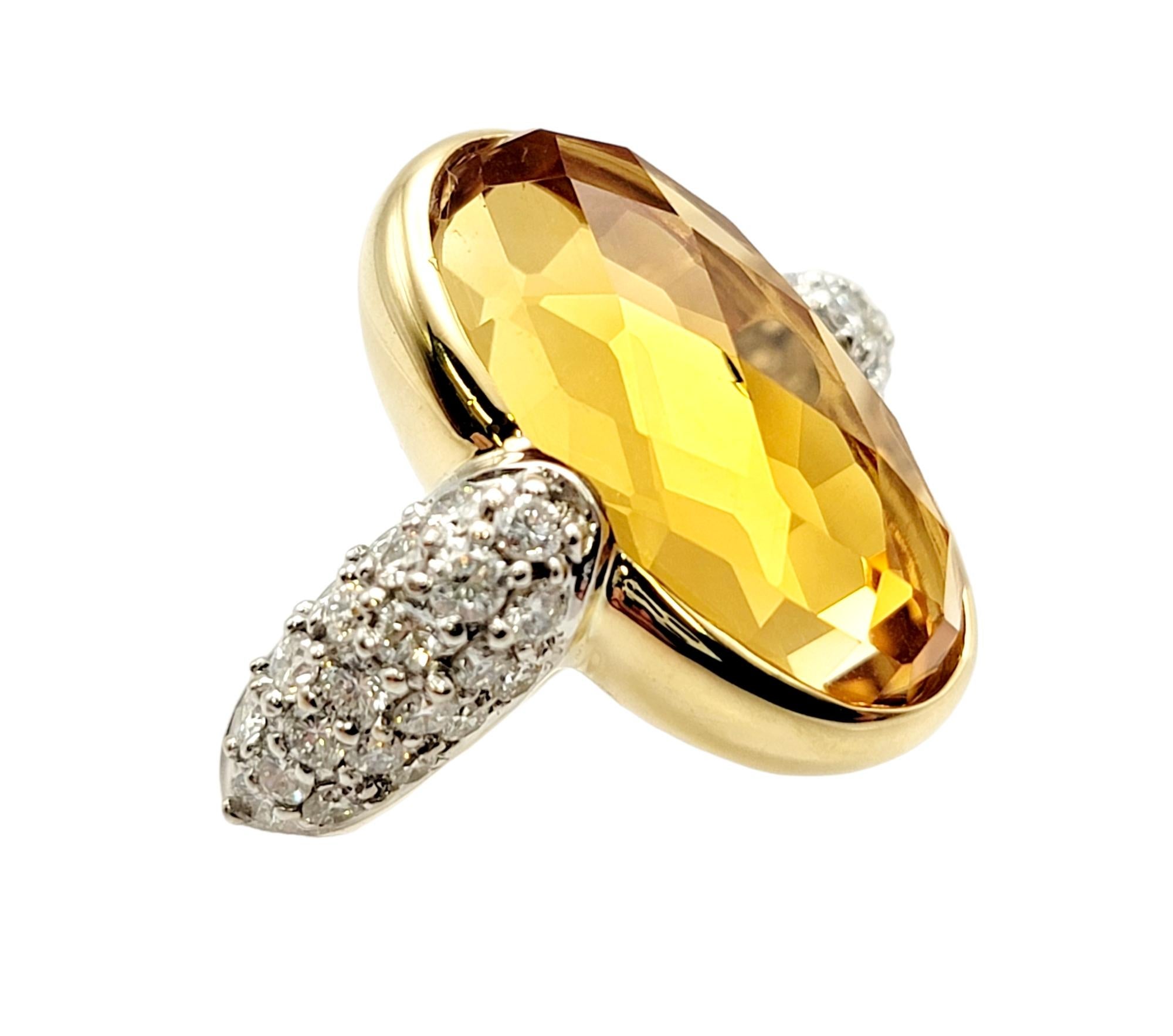 Contemporary Large Fancy Cut Oval Citrine and Pave Diamond Ring in 18 Karat Yellow Gold For Sale