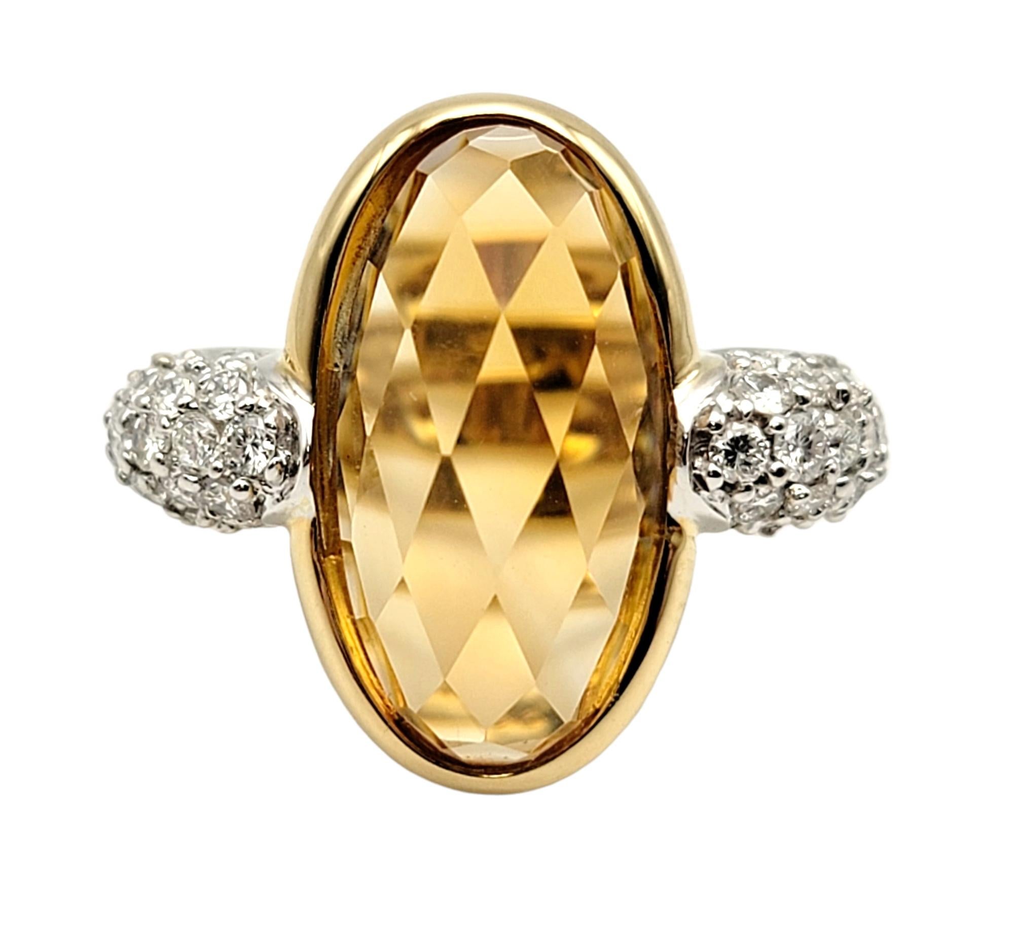Oval Cut Large Fancy Cut Oval Citrine and Pave Diamond Ring in 18 Karat Yellow Gold For Sale