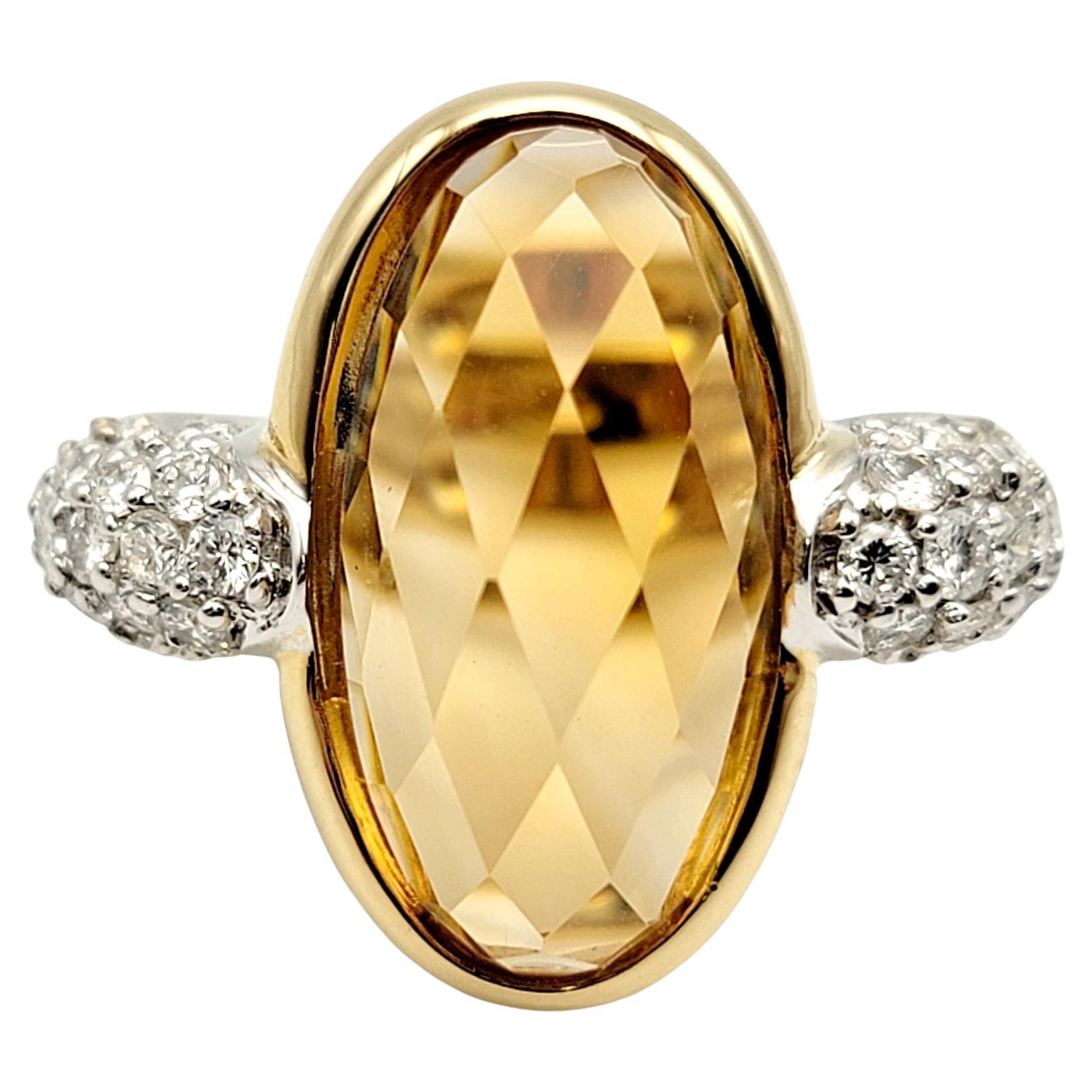 Large Fancy Cut Oval Citrine and Pave Diamond Ring in 18 Karat Yellow Gold