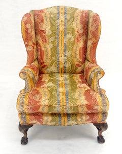 Large Fancy Floral Pattern Uphlstry Fine Carved Ball & Claw Feet Wing Chair MINT