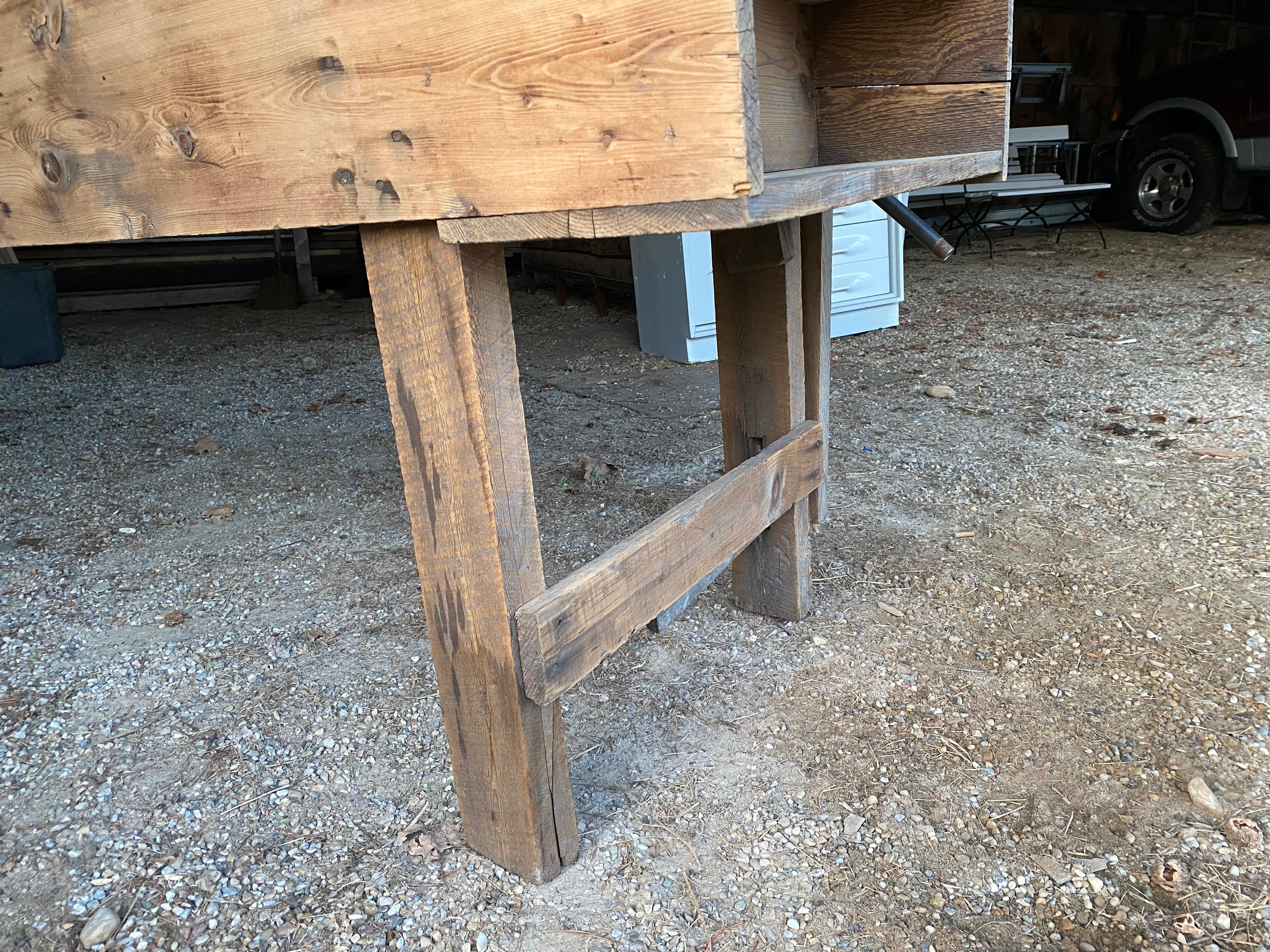 Large Farm Style Workbench Kitchen Island In Good Condition For Sale In Sheffield, MA