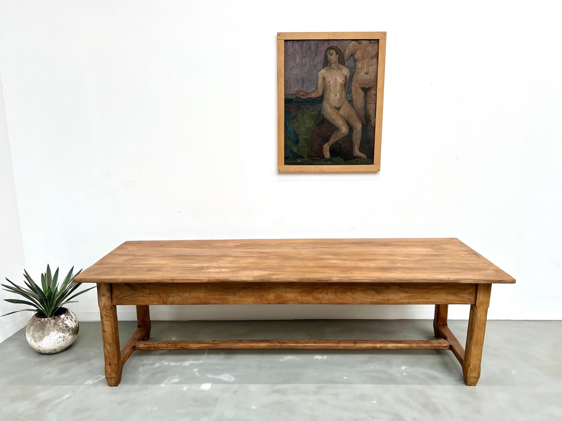 French Large farmhouse table in solid beech – 1950s – 2 drawers For Sale