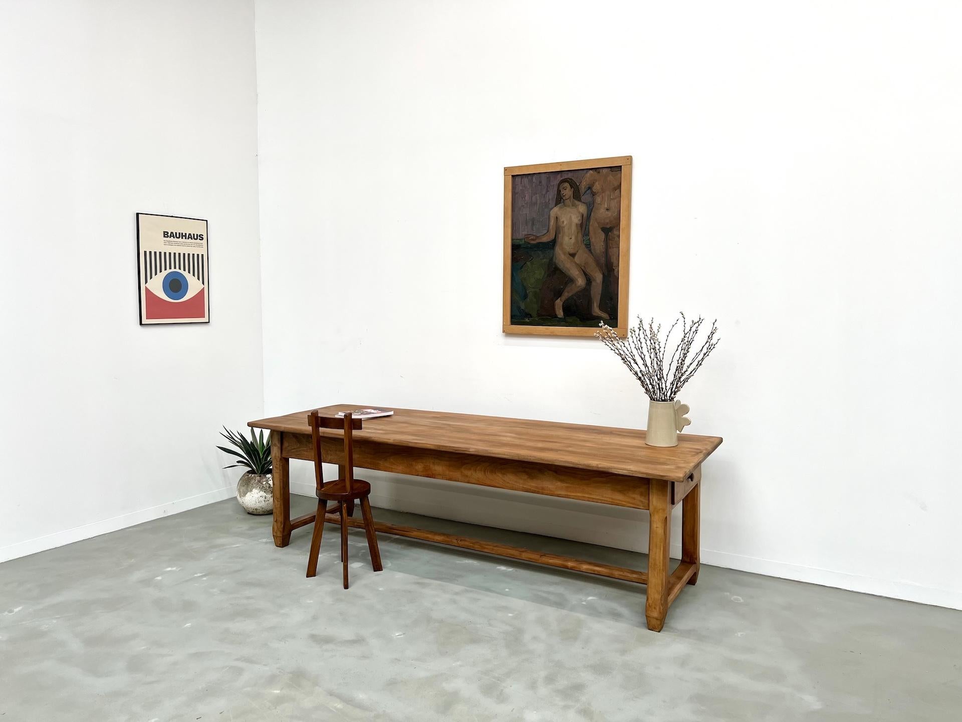 Beech Large farmhouse table in solid beech – 1950s – 2 drawers For Sale