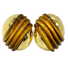 Large & Fashionable Vintage Italian 18K Yellow Gold & Fluted Tigers-Eye Earrings