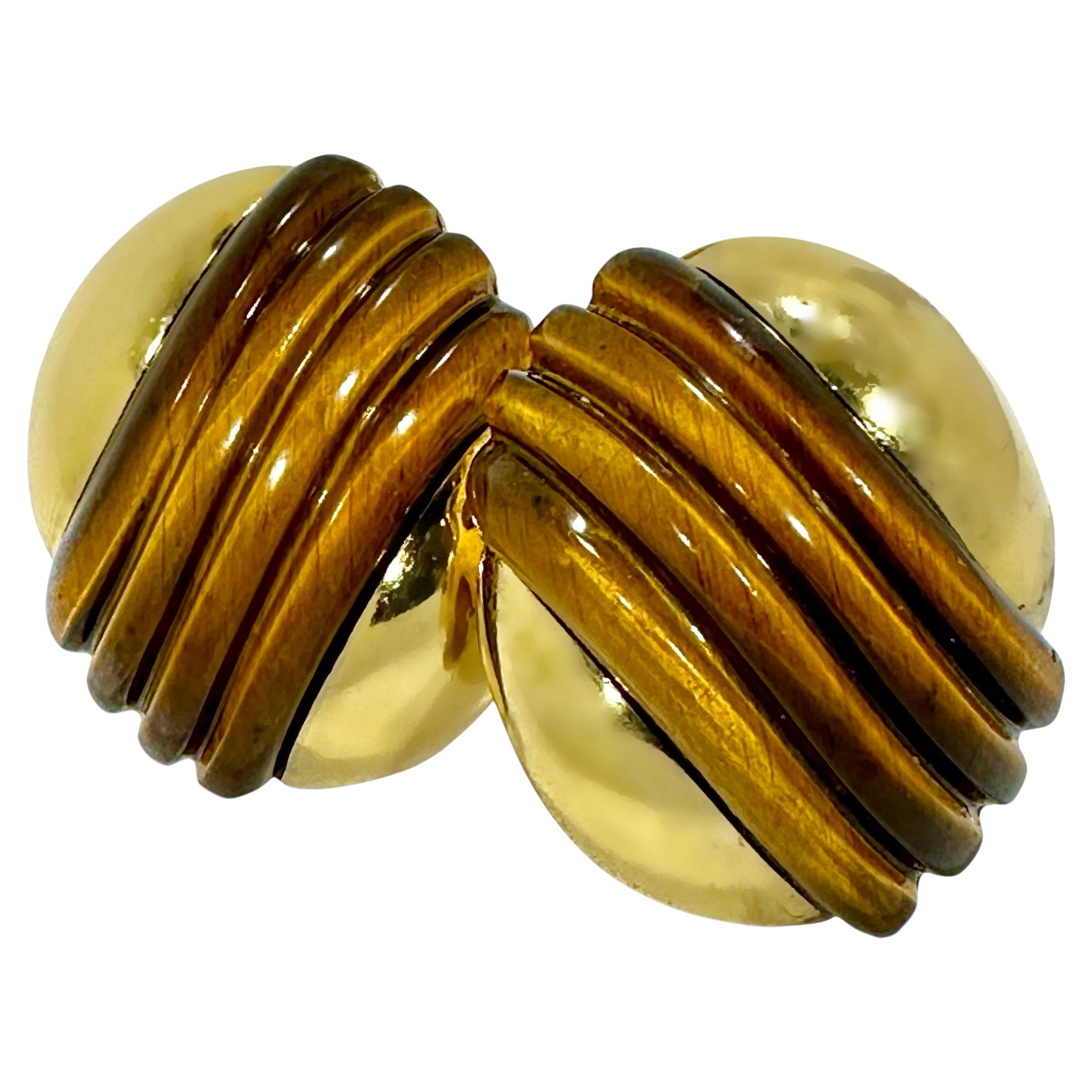 Large & Fashionable Vintage Italian 18K Yellow Gold & Fluted Tigers-Eye Earrings