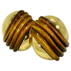 Large & Fashionable Vintage Italian 18K Yellow Gold & Fluted Tigers-Eye Earrings