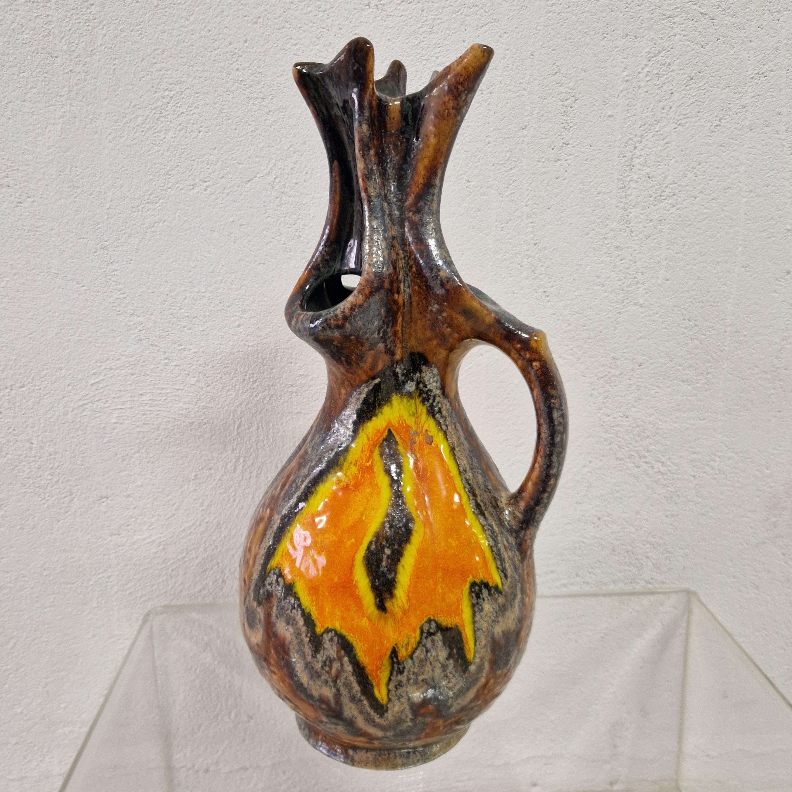 Hand-Crafted Large Fat Lava ceramic vase with four openings. 1970 - 1975 For Sale