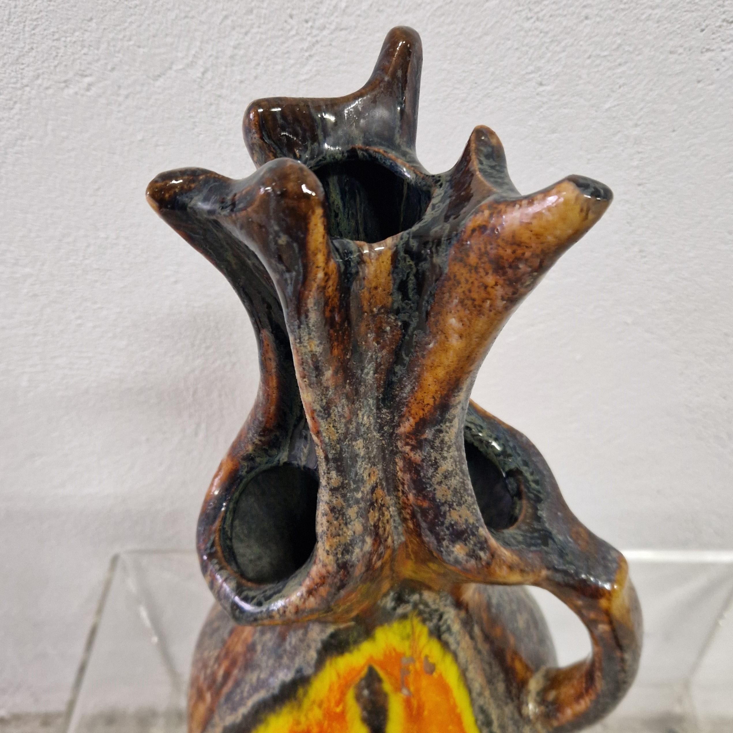 Large Fat Lava ceramic vase with four openings. 1970 - 1975 In Excellent Condition For Sale In CADALSO, ES