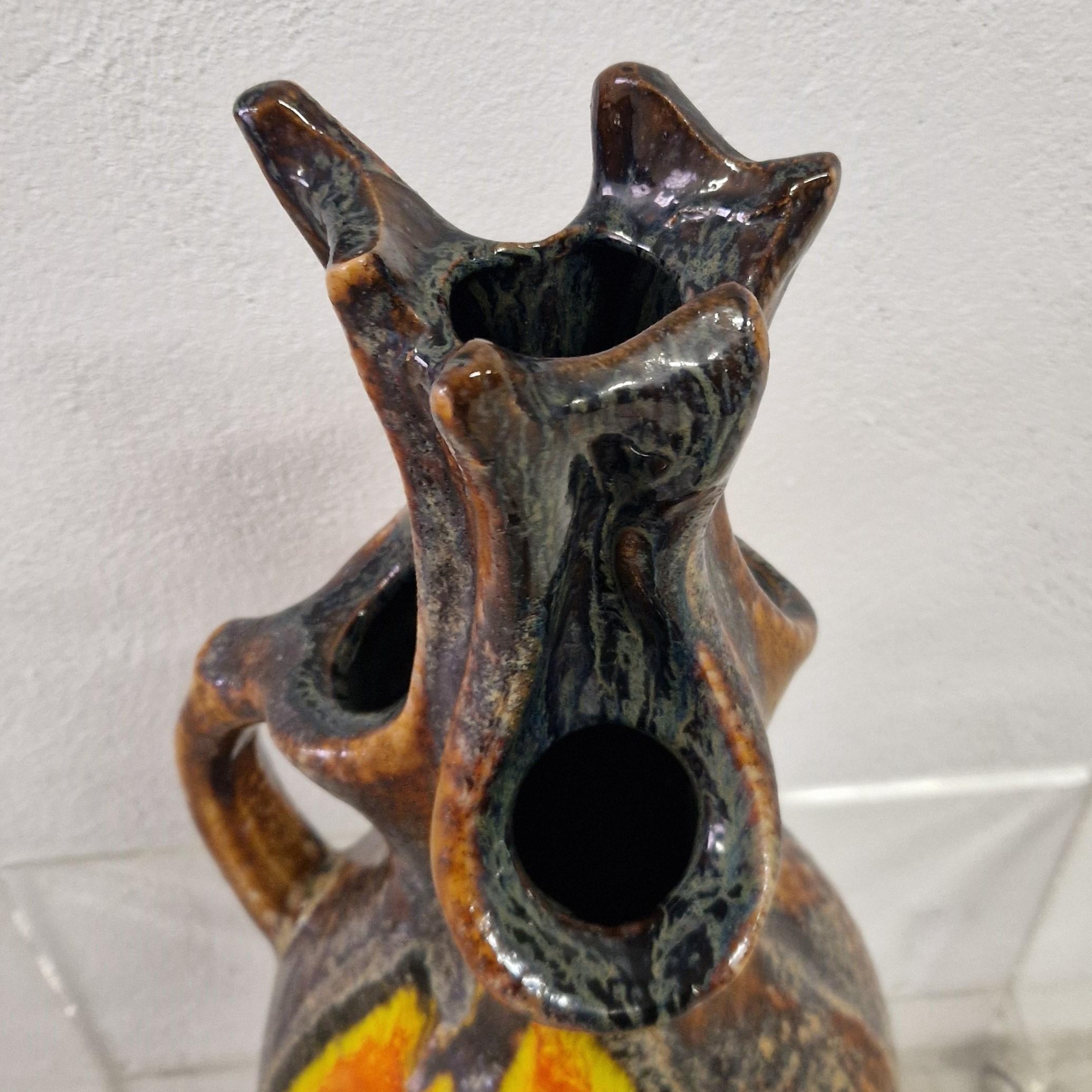 Late 20th Century Large Fat Lava ceramic vase with four openings. 1970 - 1975 For Sale