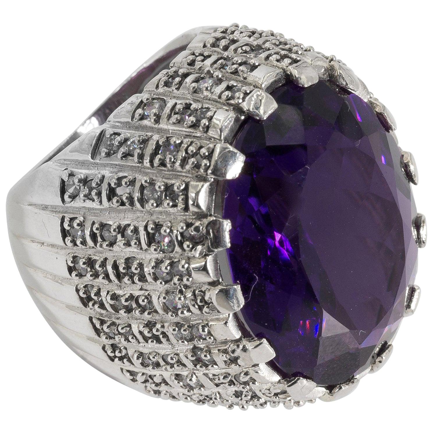 On Sale!! Large Faux Amethyst Set In A CZ Pave Sterling Chunky Ring