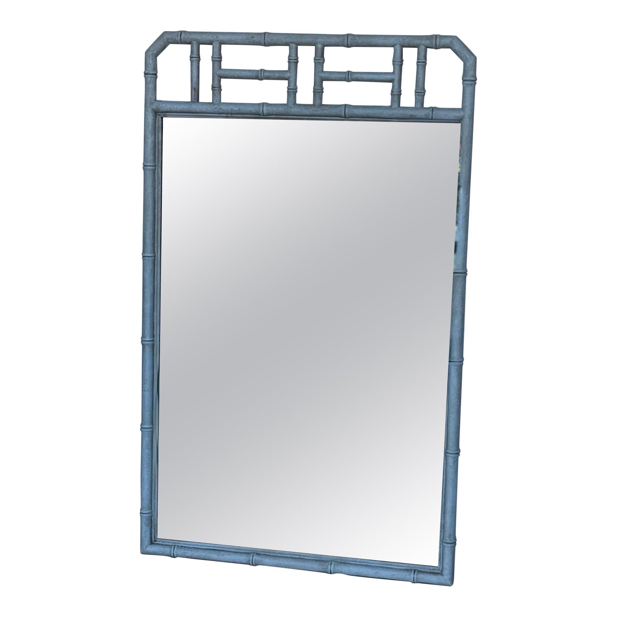 Large Faux Bamboo Blue Painted Rectangular Wall Mirror For Sale