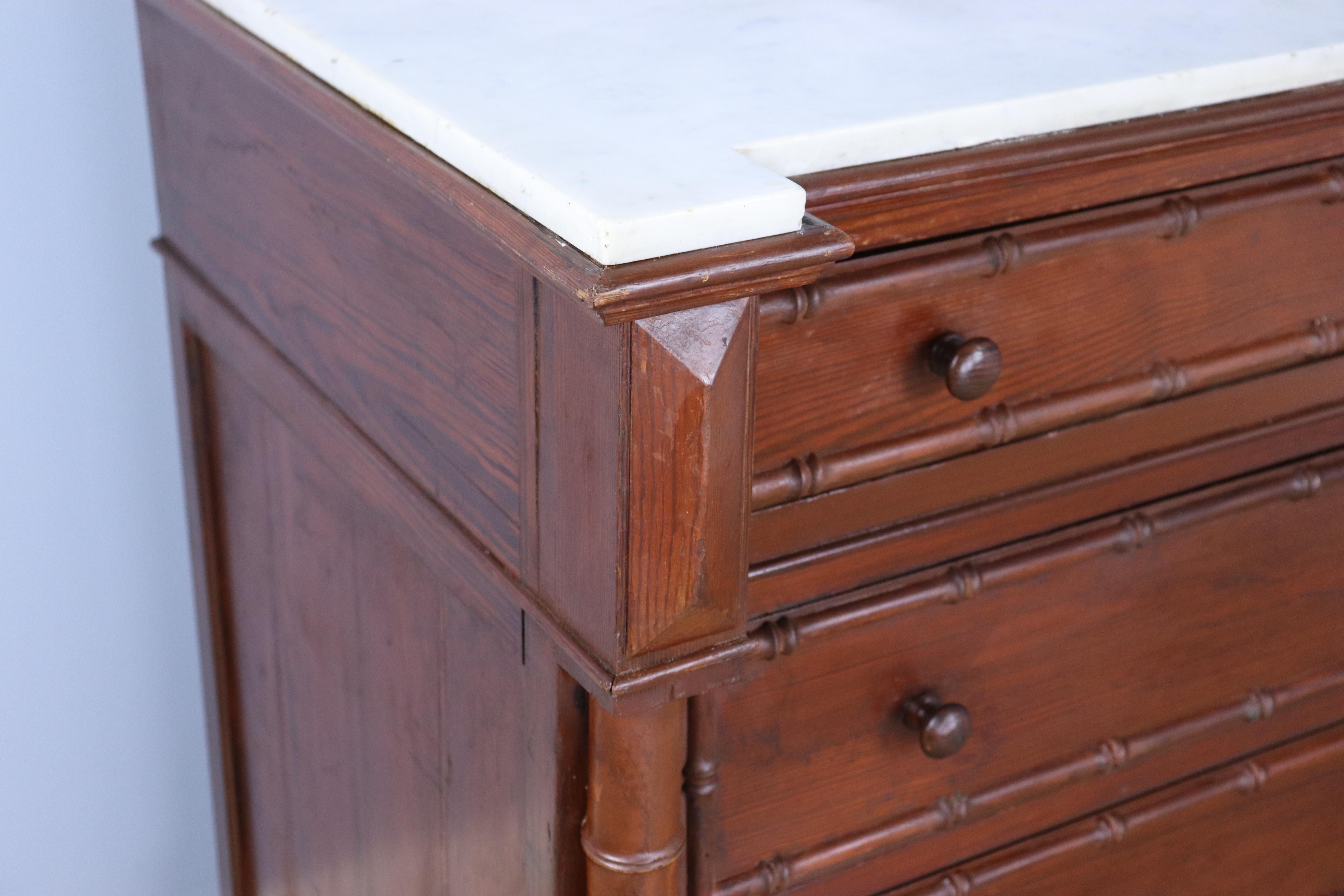 Large Faux Bamboo Chest of Drawers with White Marble Top In Good Condition For Sale In Port Chester, NY