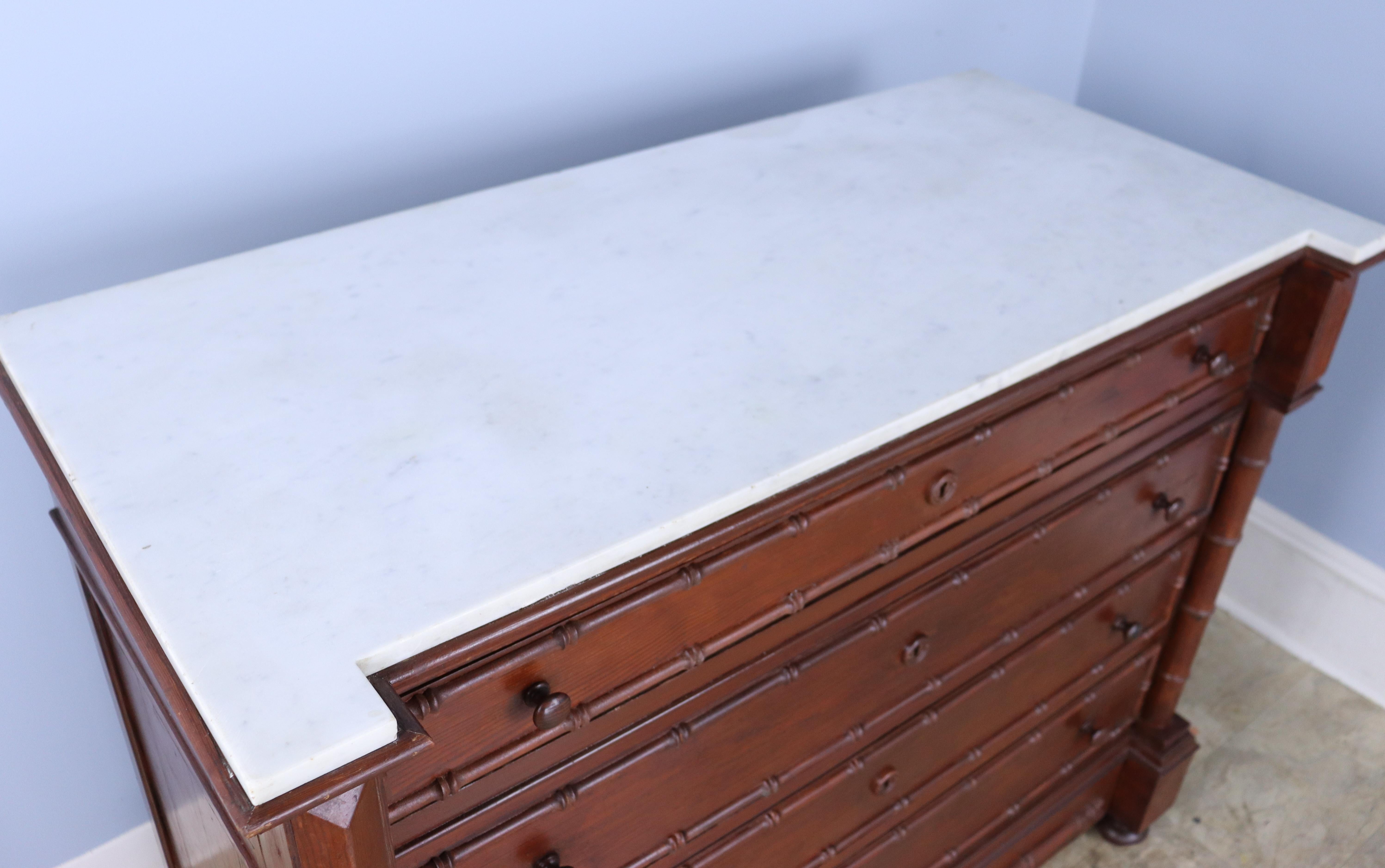 19th Century Large Faux Bamboo Chest of Drawers with White Marble Top For Sale