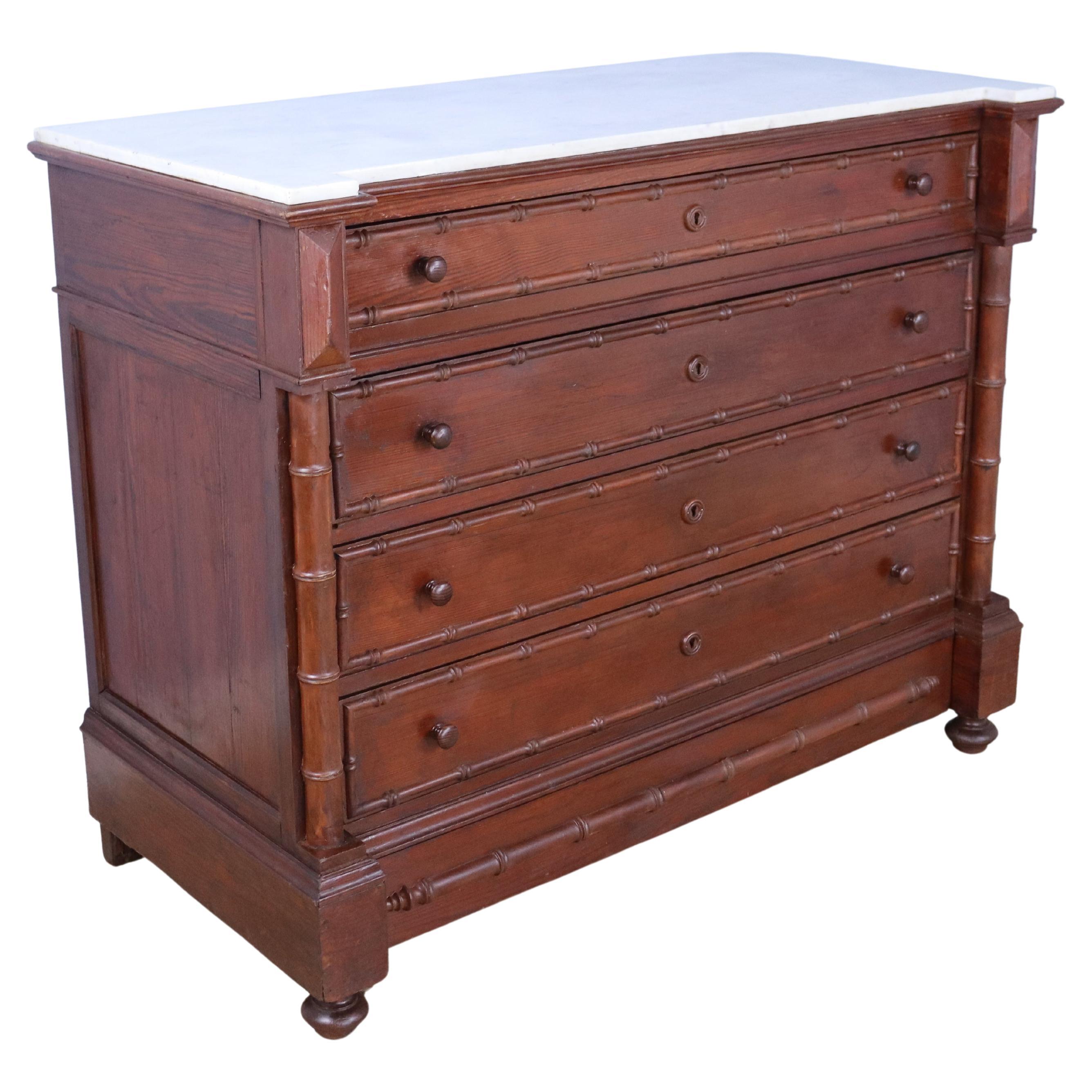 Large Faux Bamboo Chest of Drawers with White Marble Top For Sale