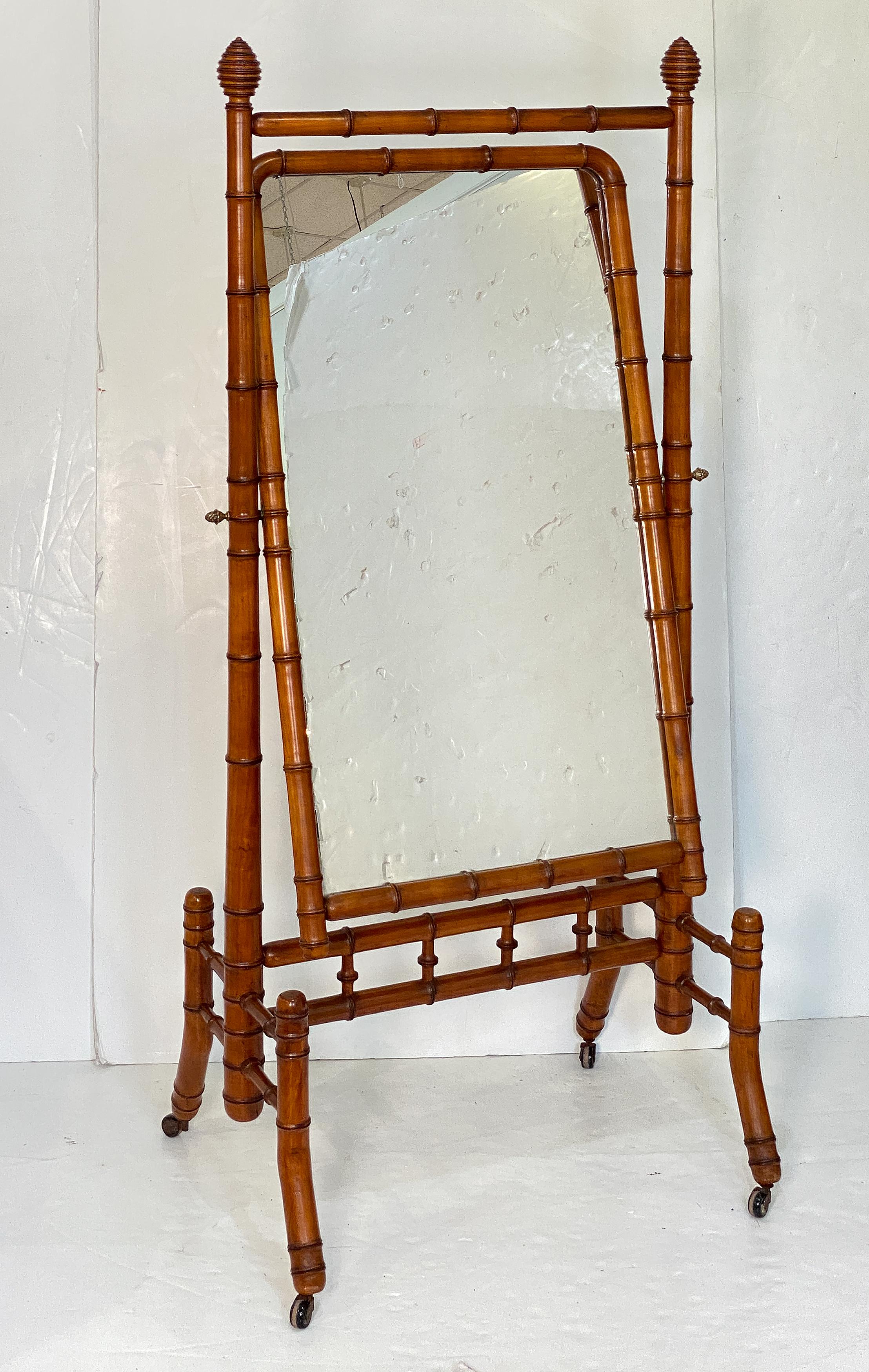 Aesthetic Movement Large Faux Bamboo Cheval or Dressing Mirror from France For Sale