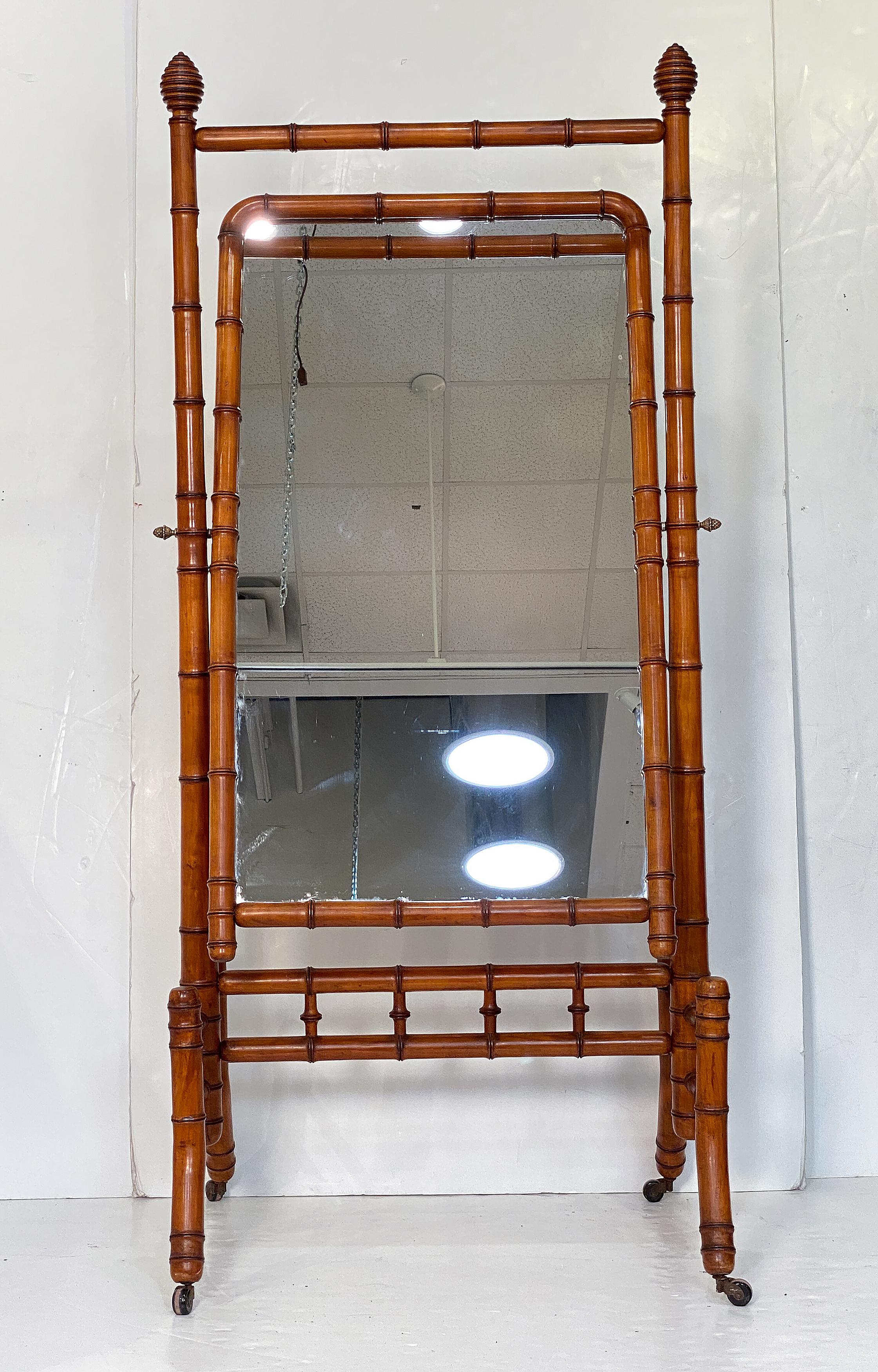 French Large Faux Bamboo Cheval or Dressing Mirror from France For Sale