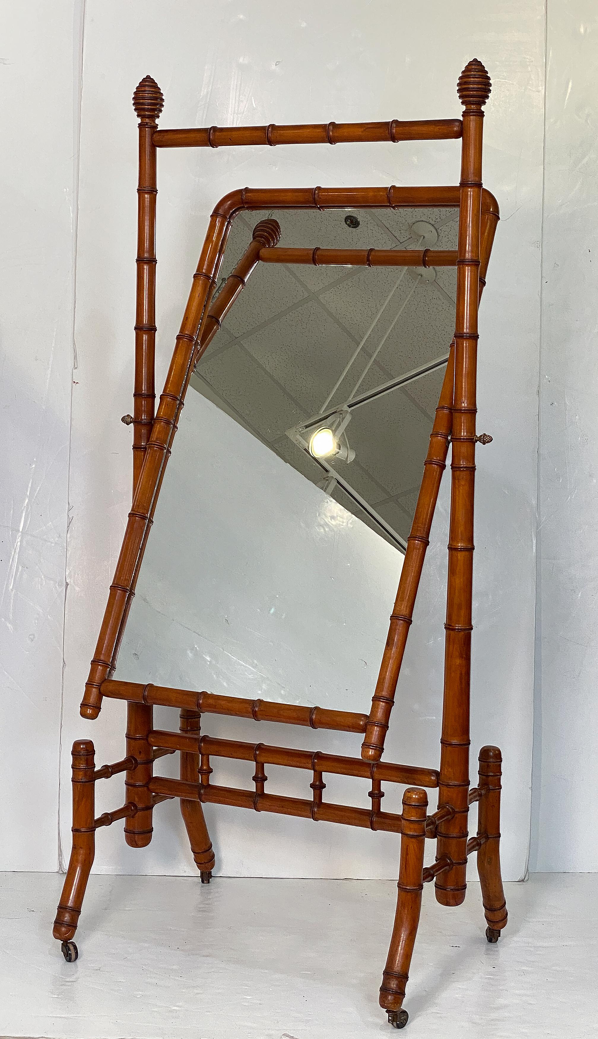 Turned Large Faux Bamboo Cheval or Dressing Mirror from France For Sale